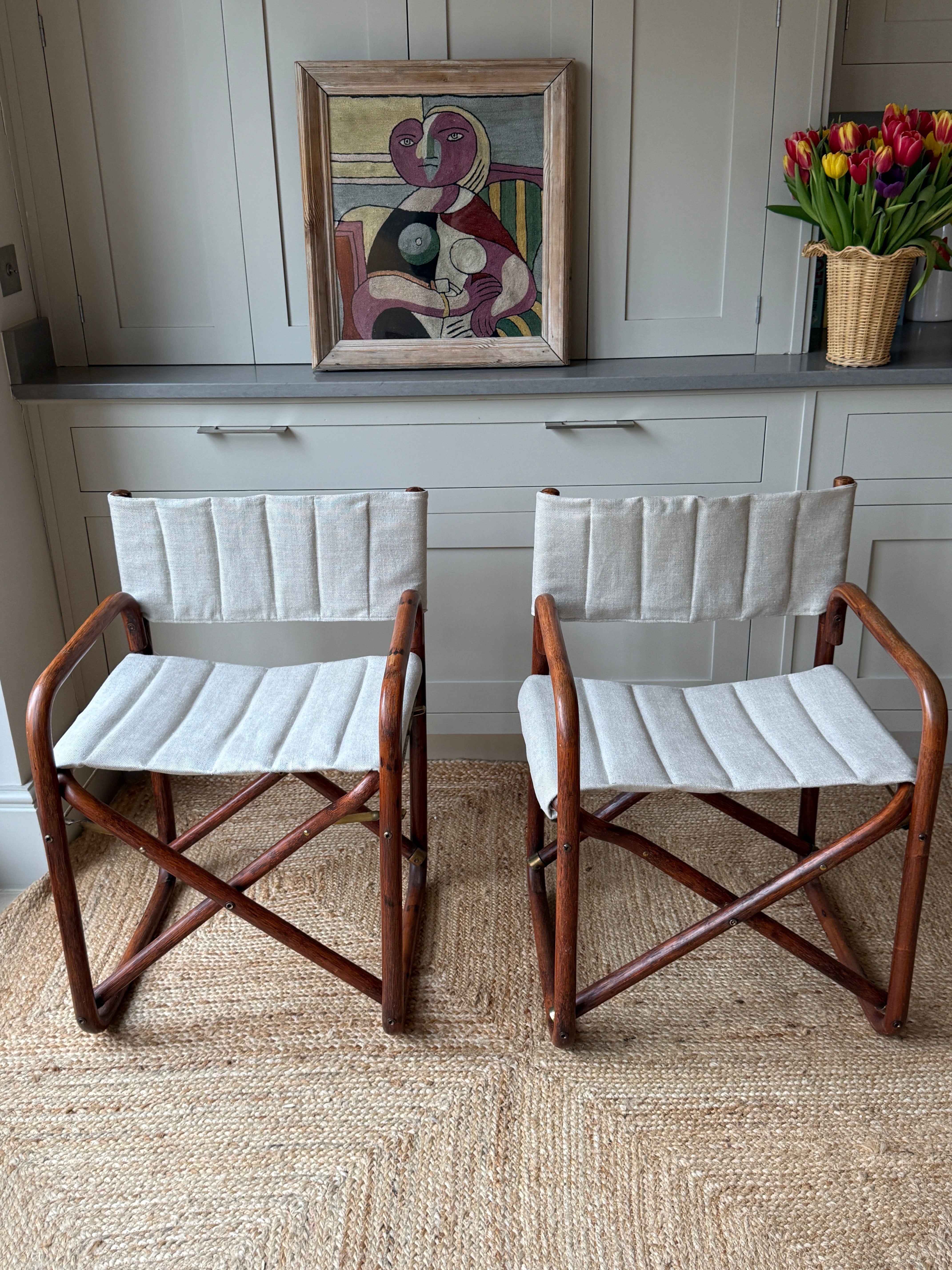 Pair of Italian Rattan and Brass Foldable Campaign Chairs