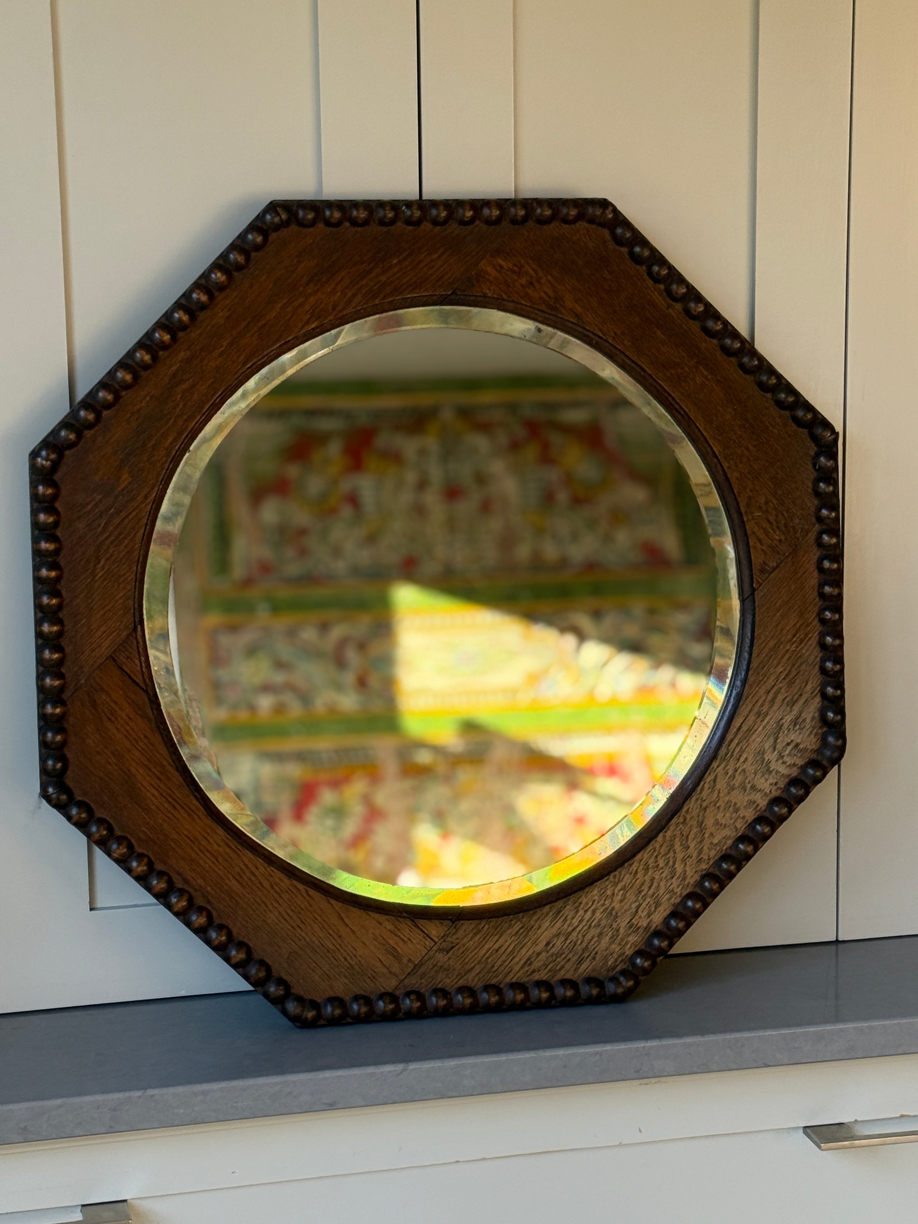 Arts & Crafts Octagonal Wooden Mirror with Bobbin Border