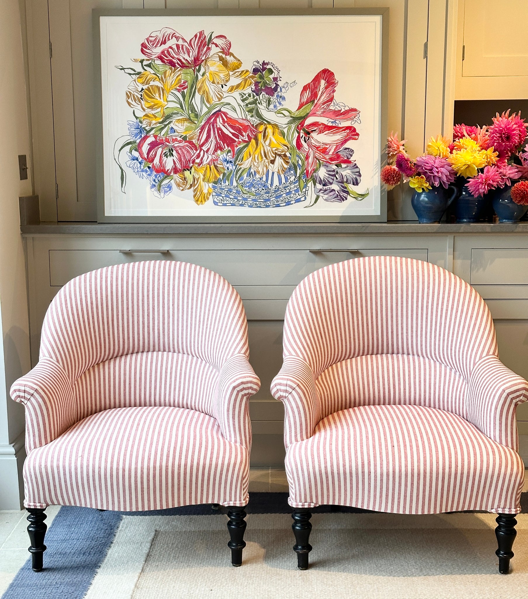 Pair of French Crapaud Tub chairs in red and white ticking