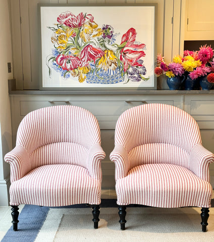 Pair of French Crapaud Tub chairs in red and white ticking