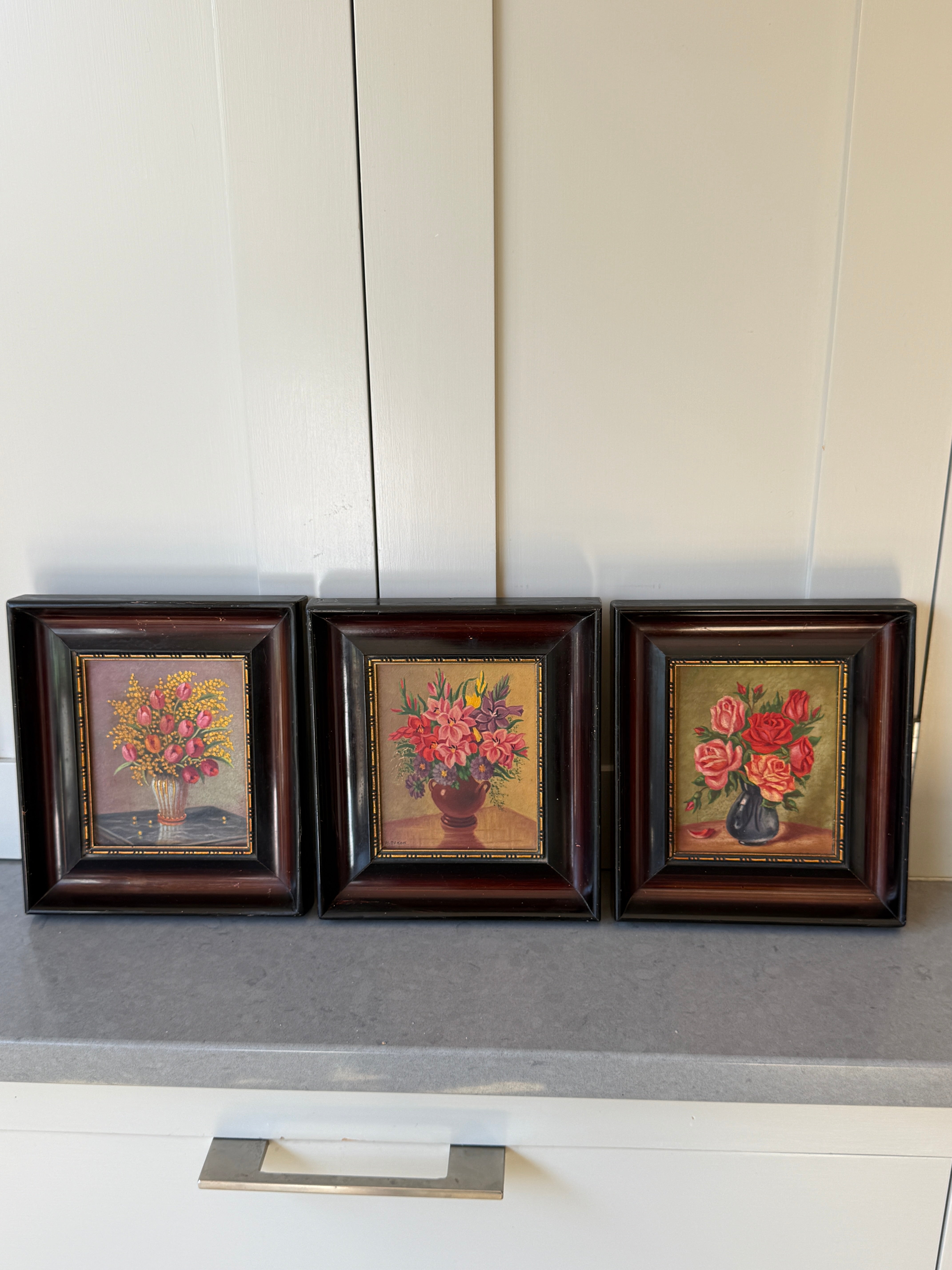 Set of 3 Small Floral Oil Pastel Paintings