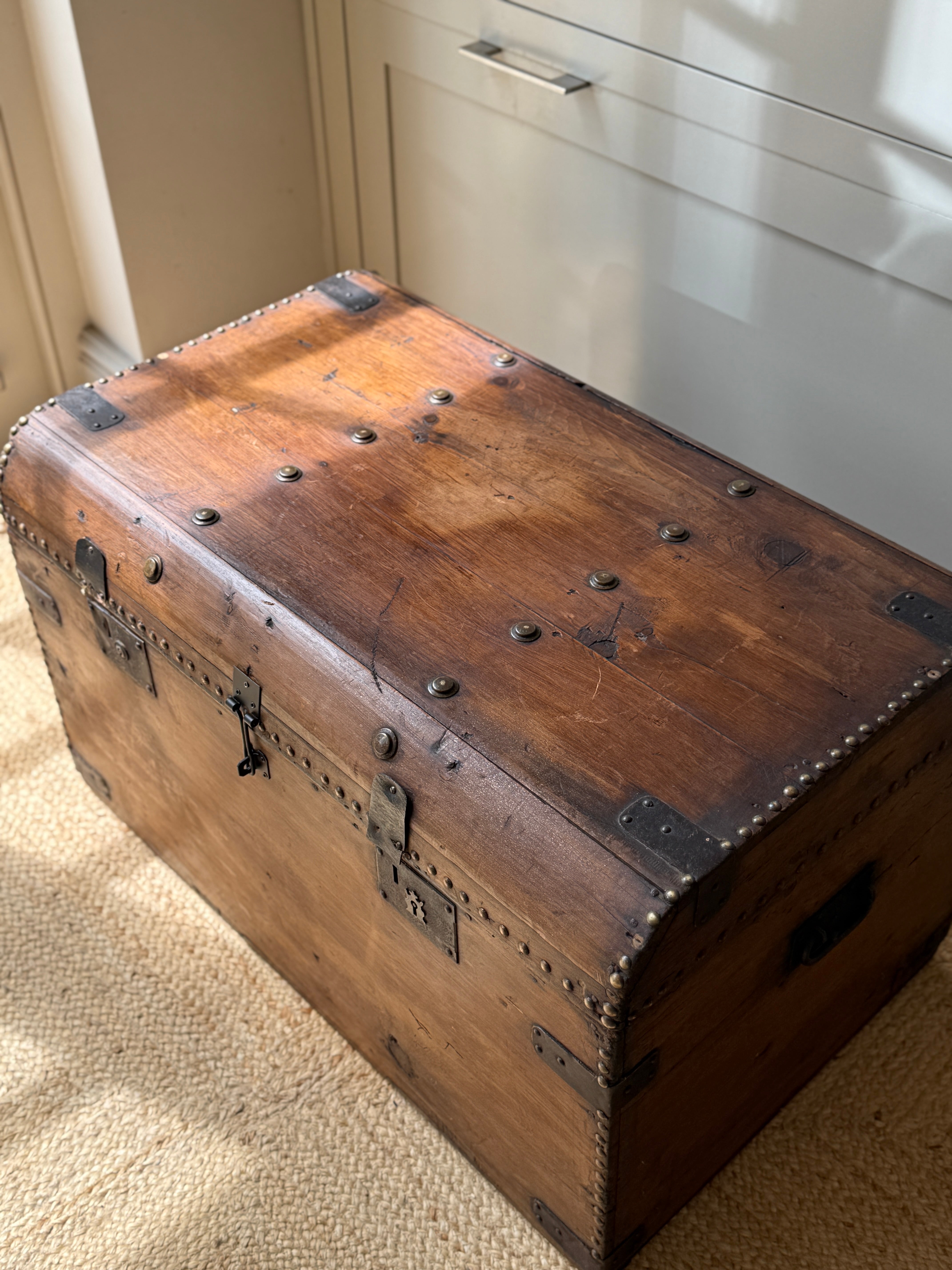 Large Antique Pine Truck with Brass Studs and Rounded Edges