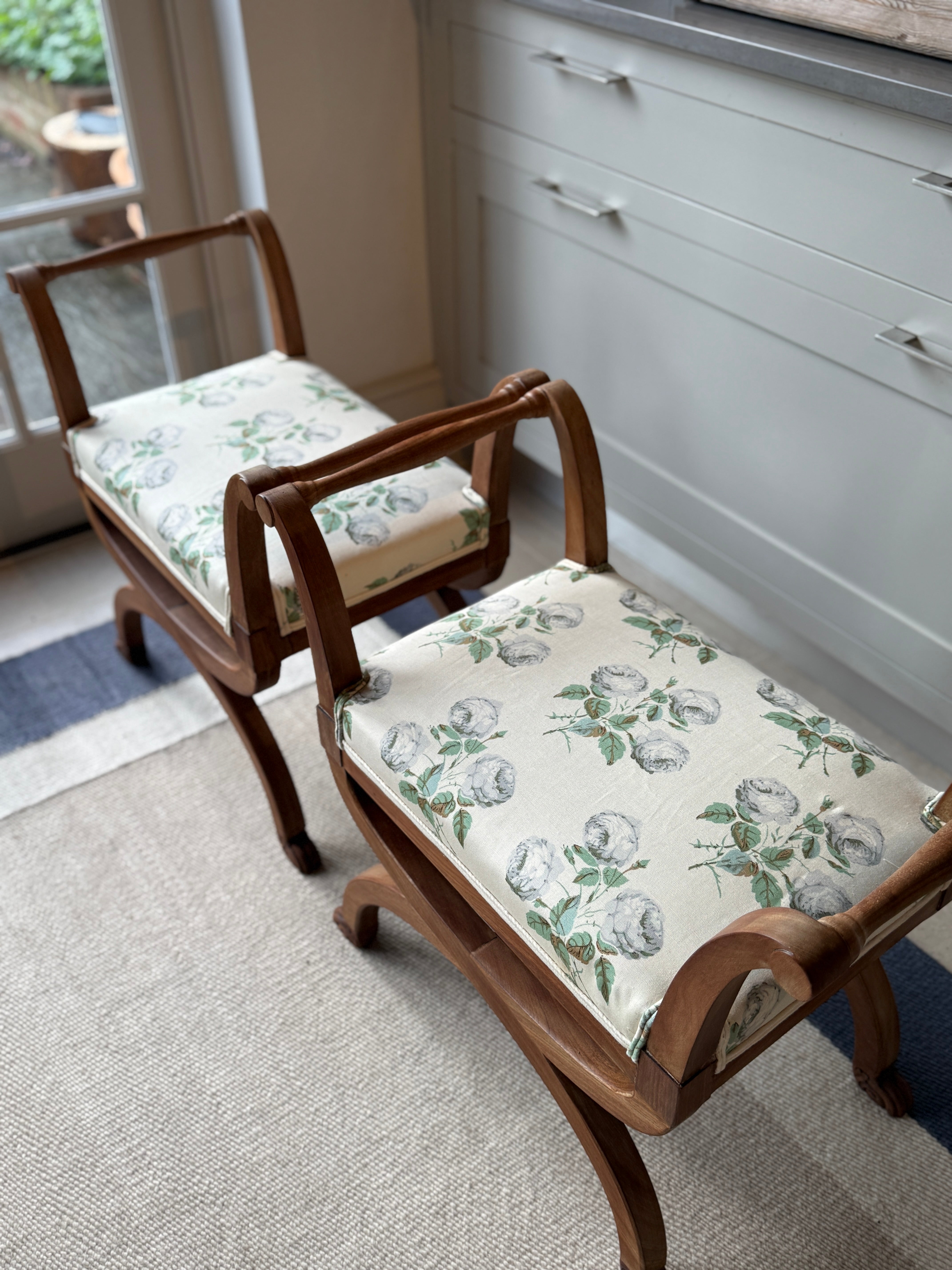 Pair of Bleached Mahogany X Frame Stools Upholstered in Colefax and Fowler Bowood