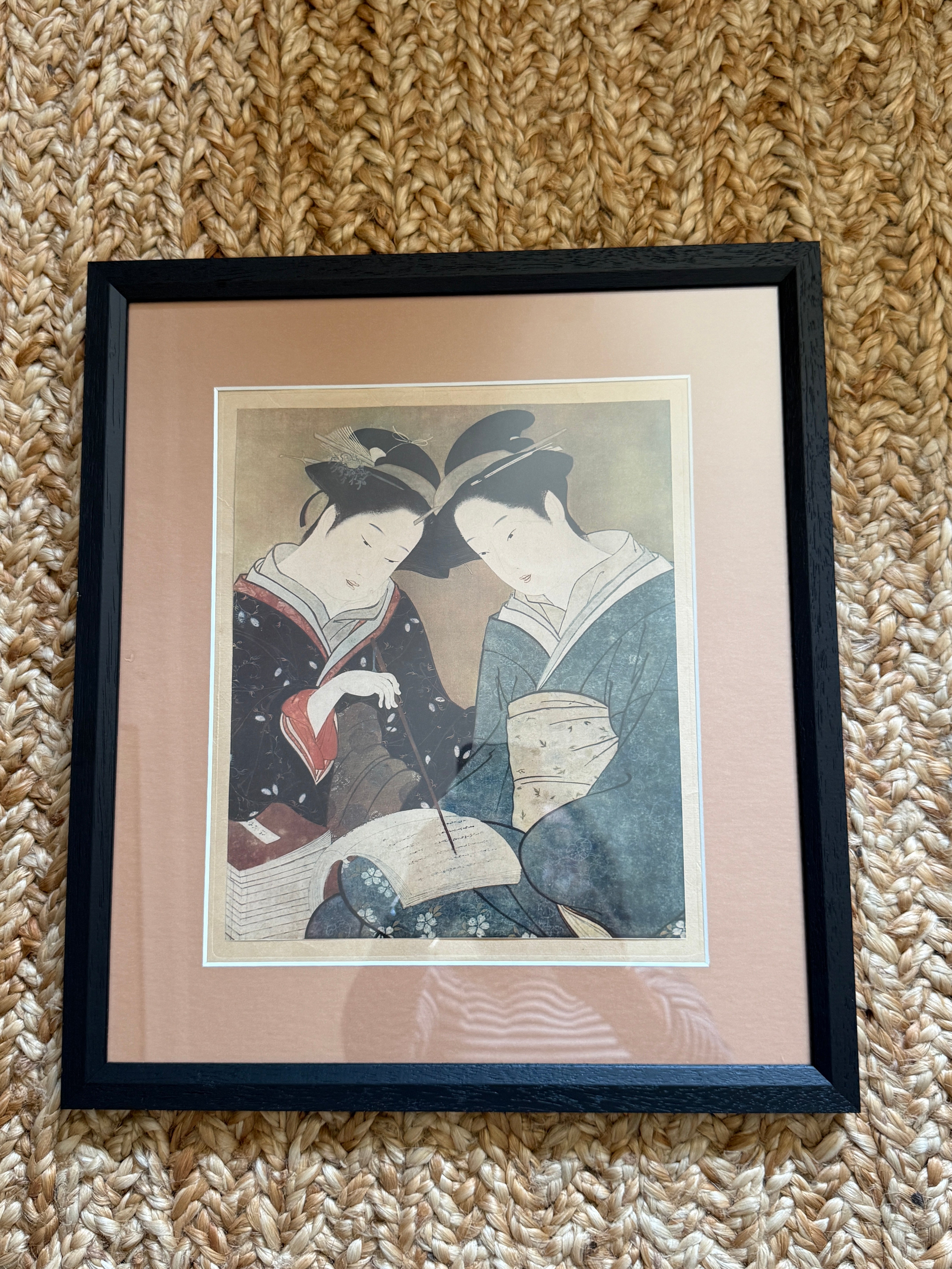 Framed Lithographic Print after Utamaro — Two Women Reading