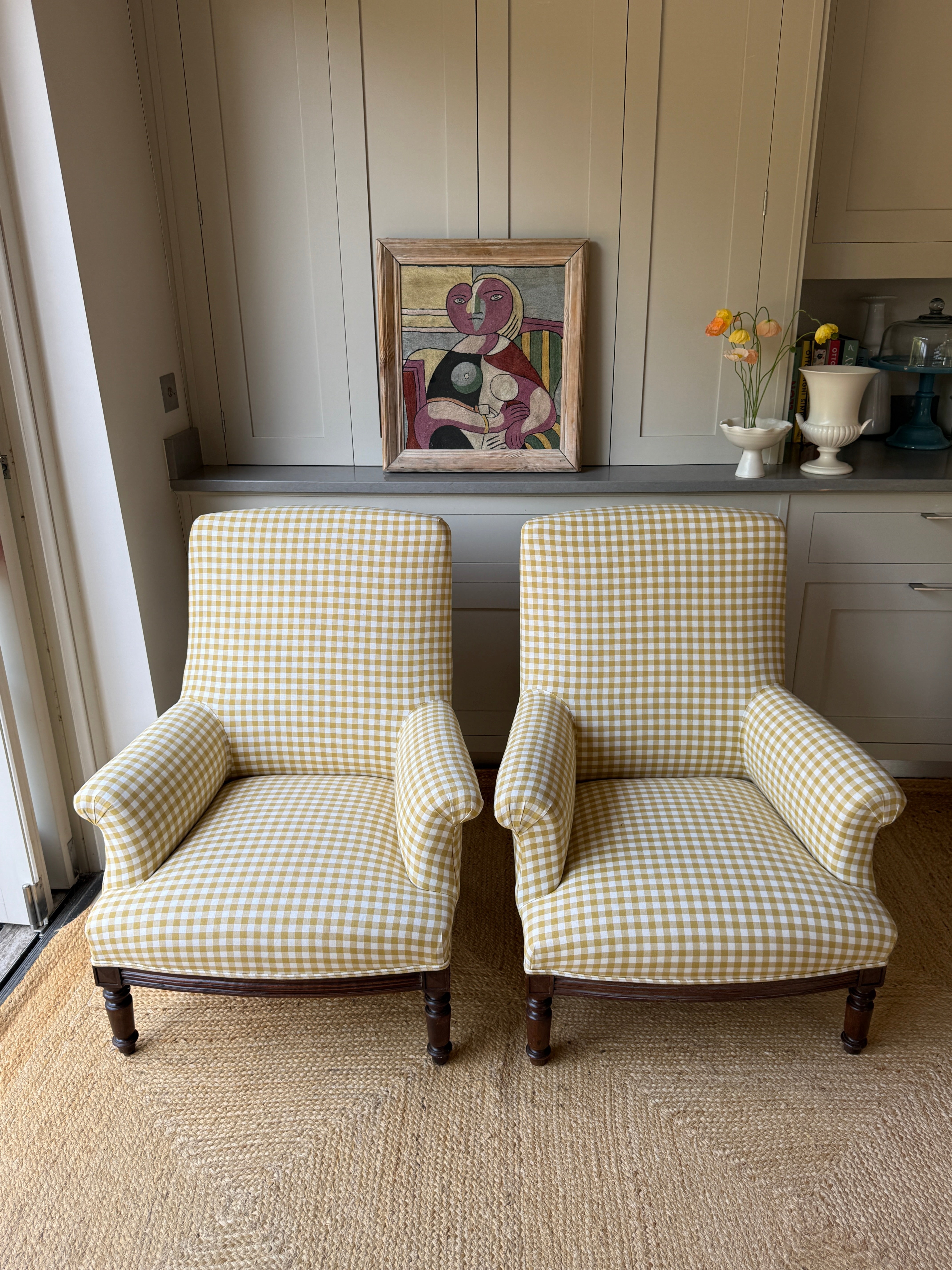 A Pair of Napoleon III Armchairs, Reupholstered in Yellow Gingham