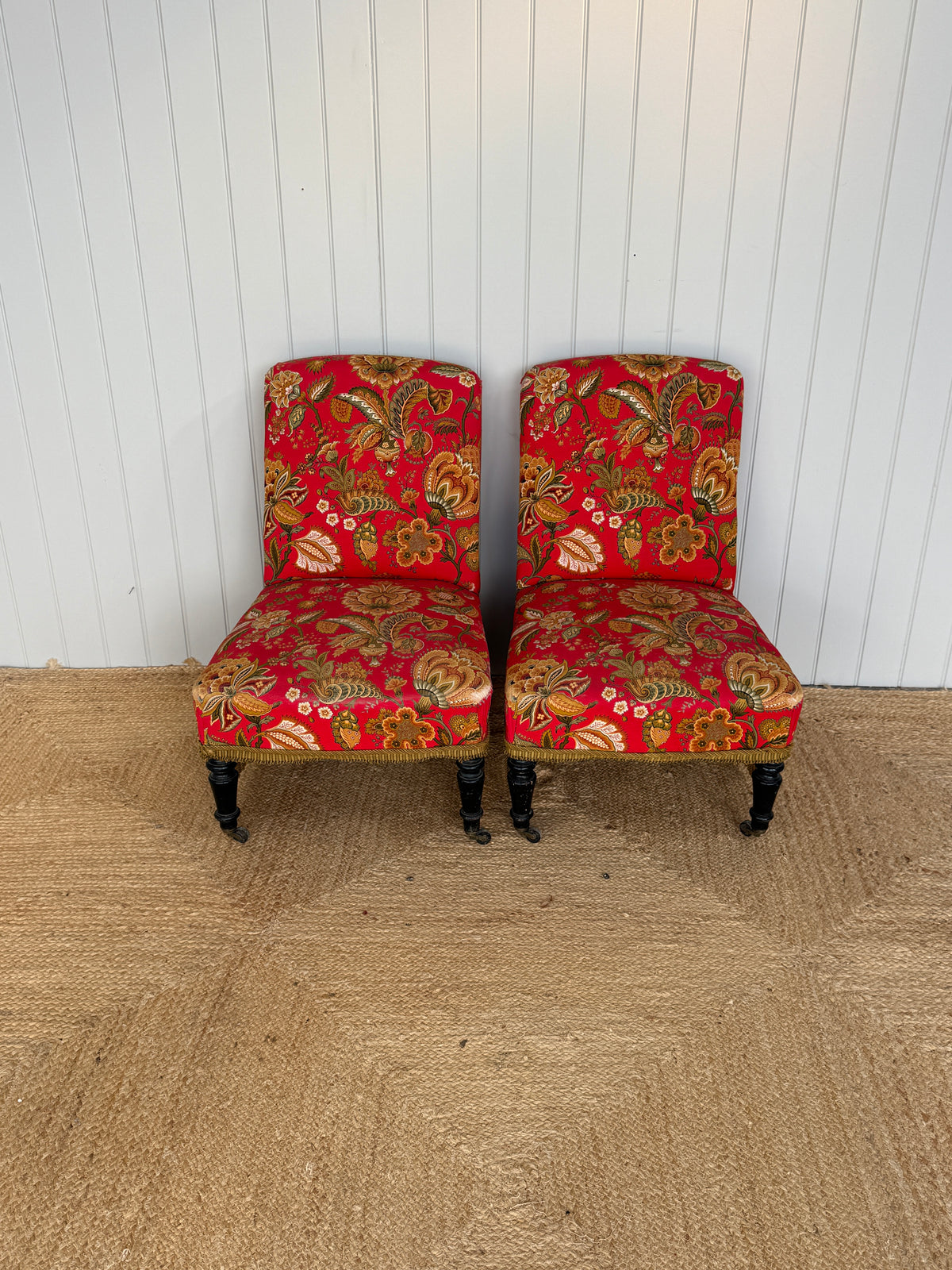 Pair of Large Solid Slipper Chairs in Red Floral Fabric