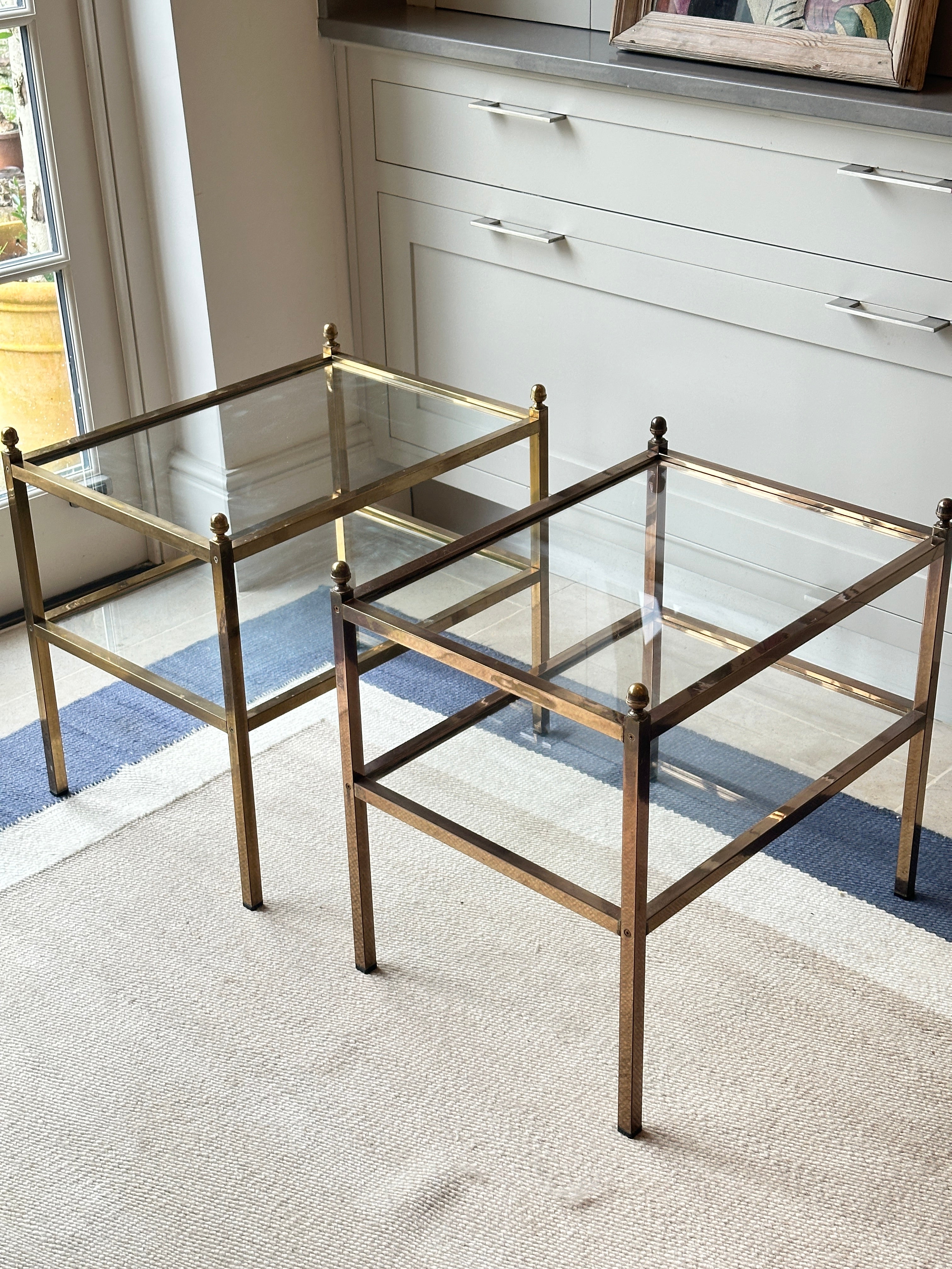 Pair of Danish Mid Century Brass and Glass Side Tables