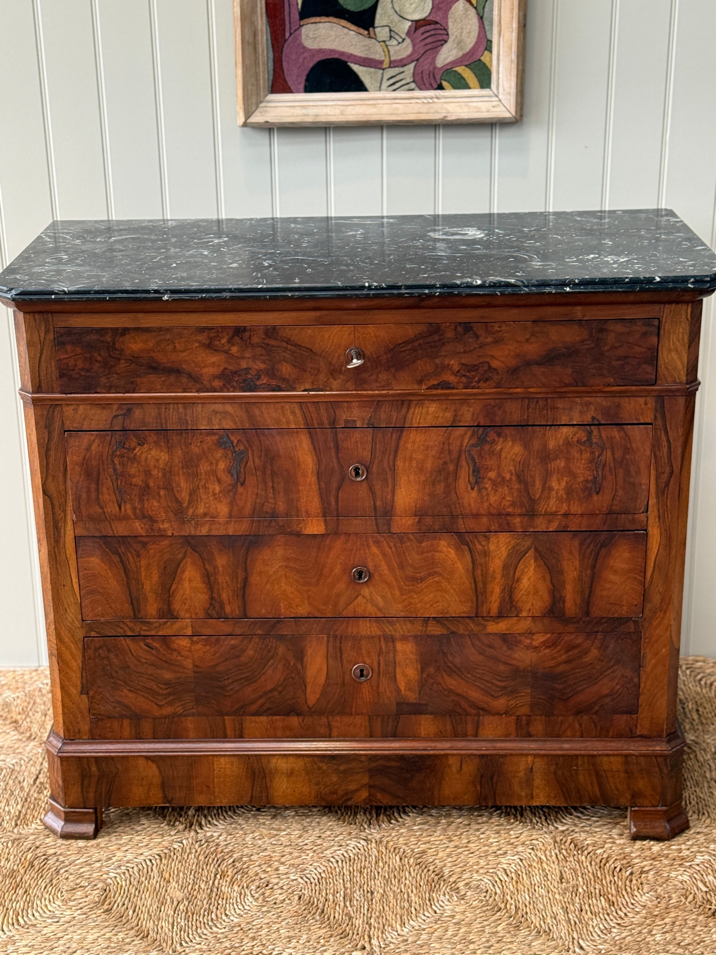French Walnut Commode with Dappled Grey Marble Top