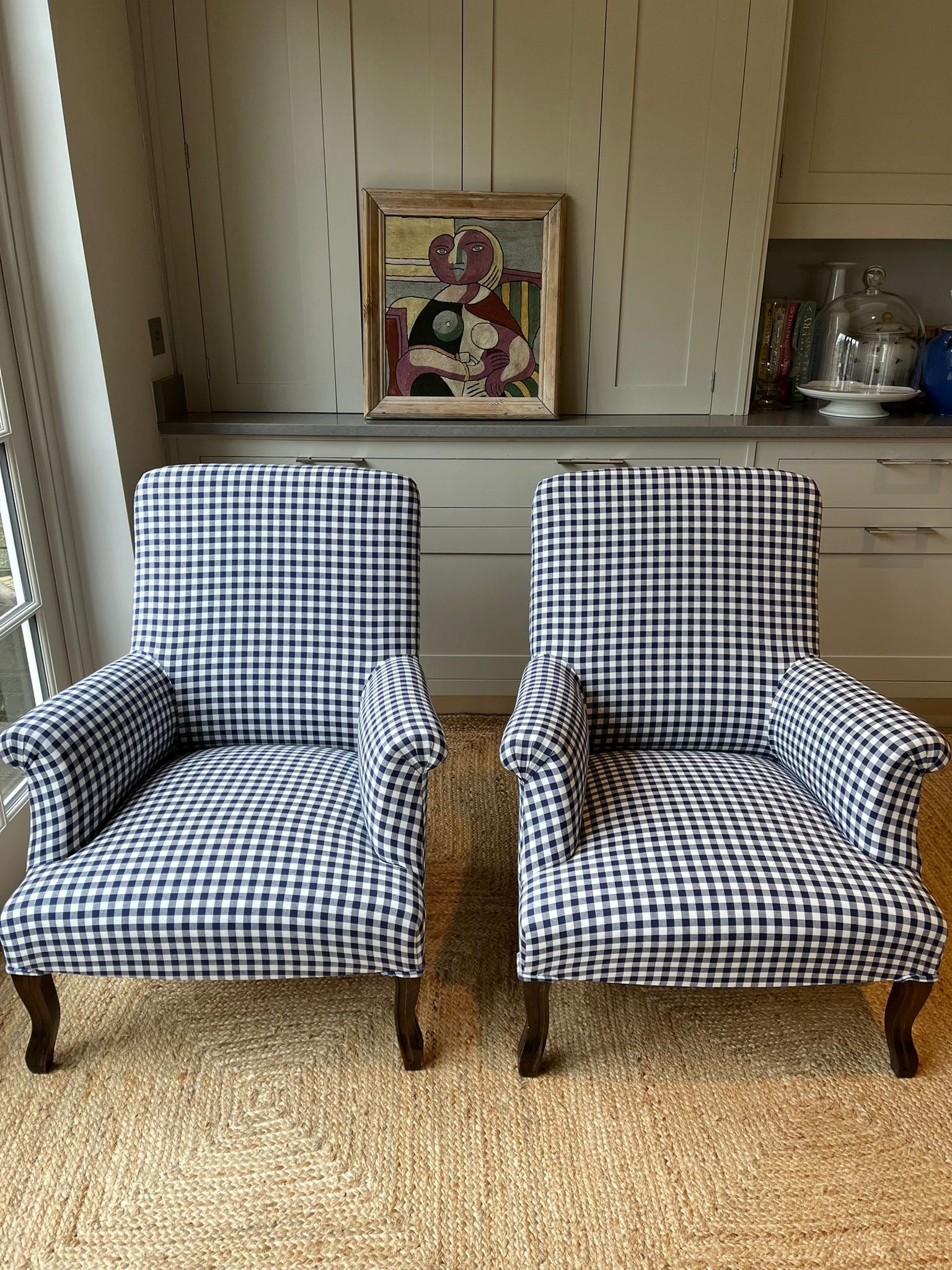 Pair of French Squareback Armchairs in Blue And White Gingham