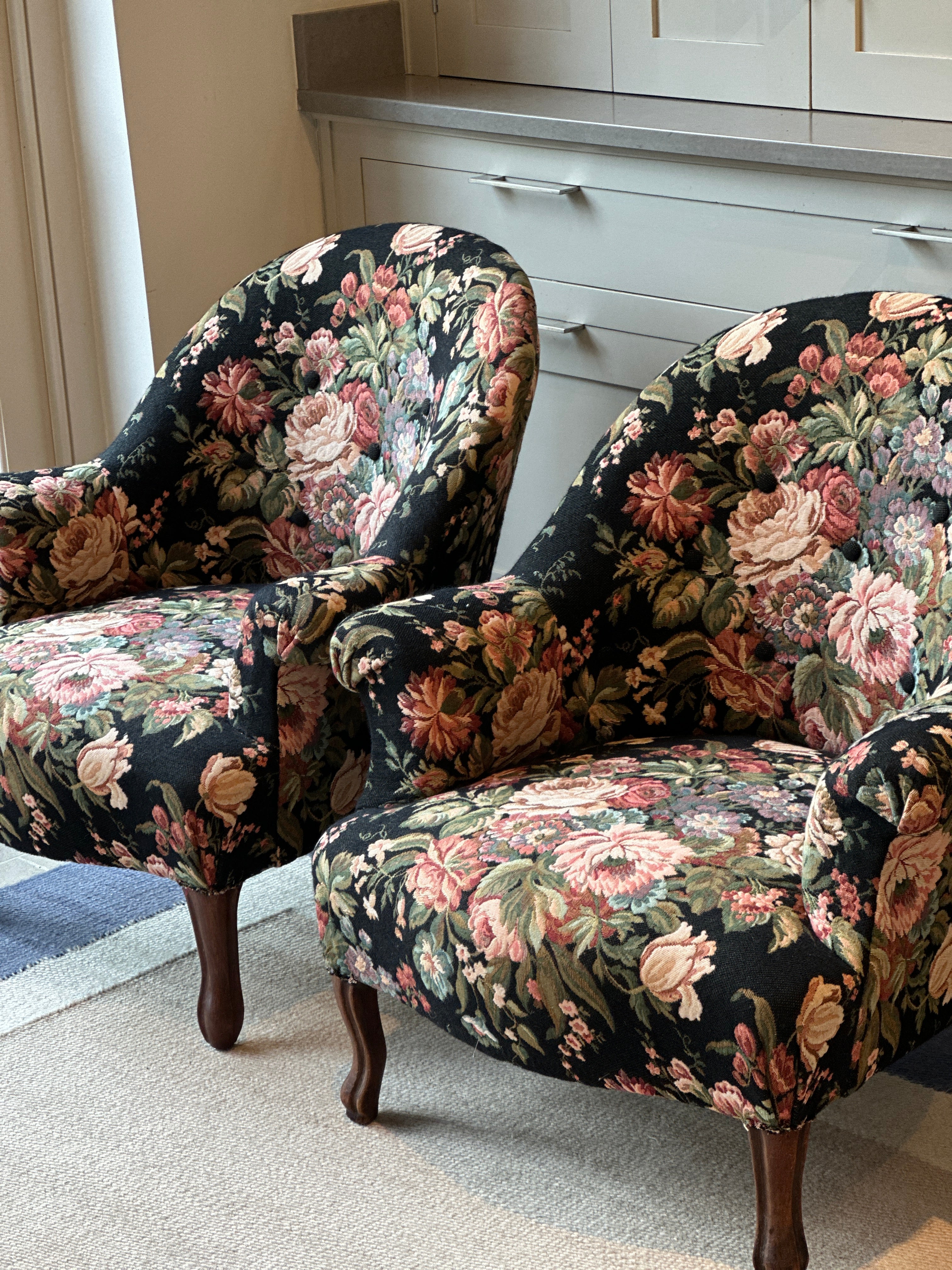 Pair of French 🇫🇷 Tub Chairs with original black floral tapestry fabric.