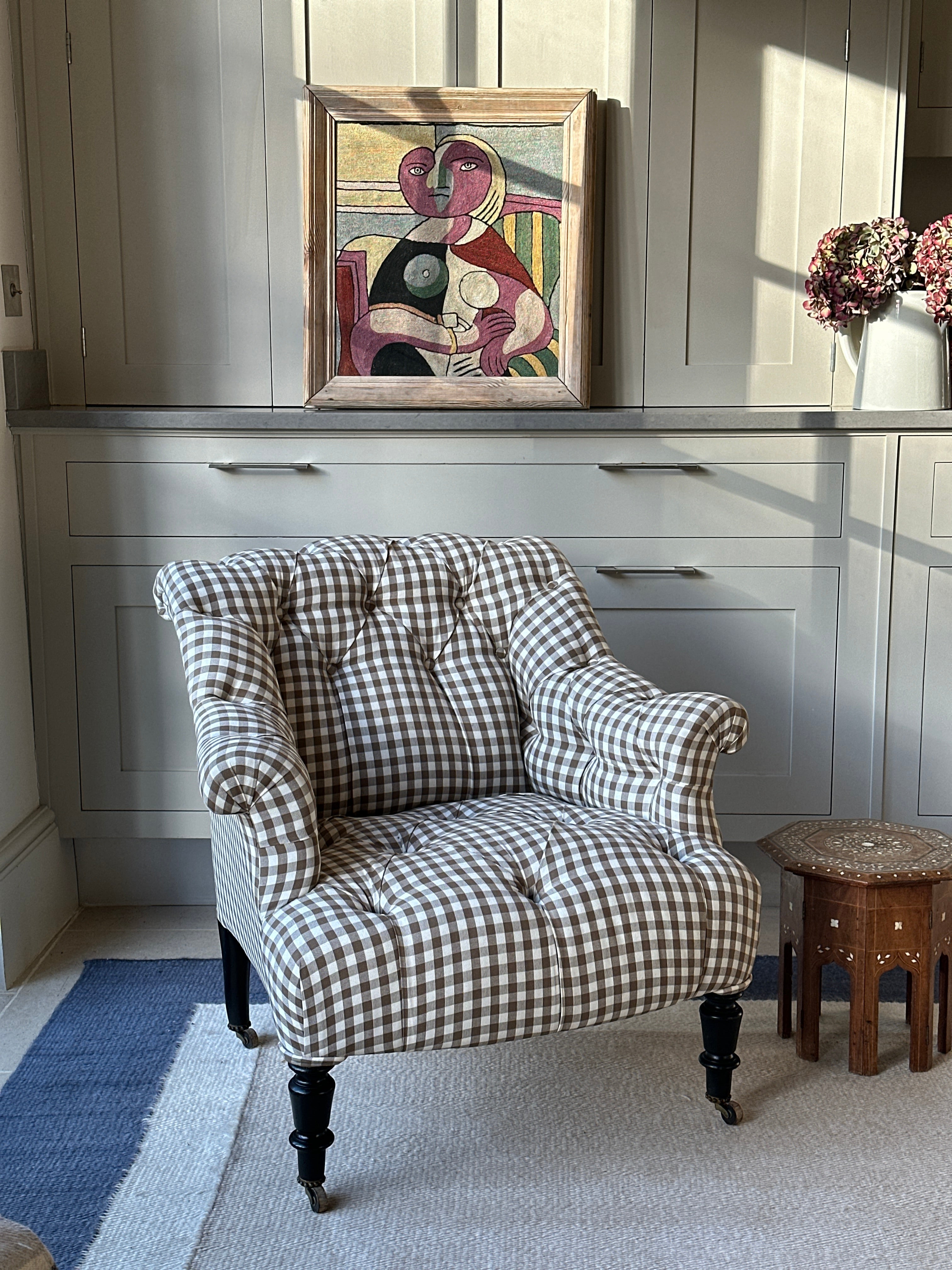 Small French Button Back Chair in Brown Gingham