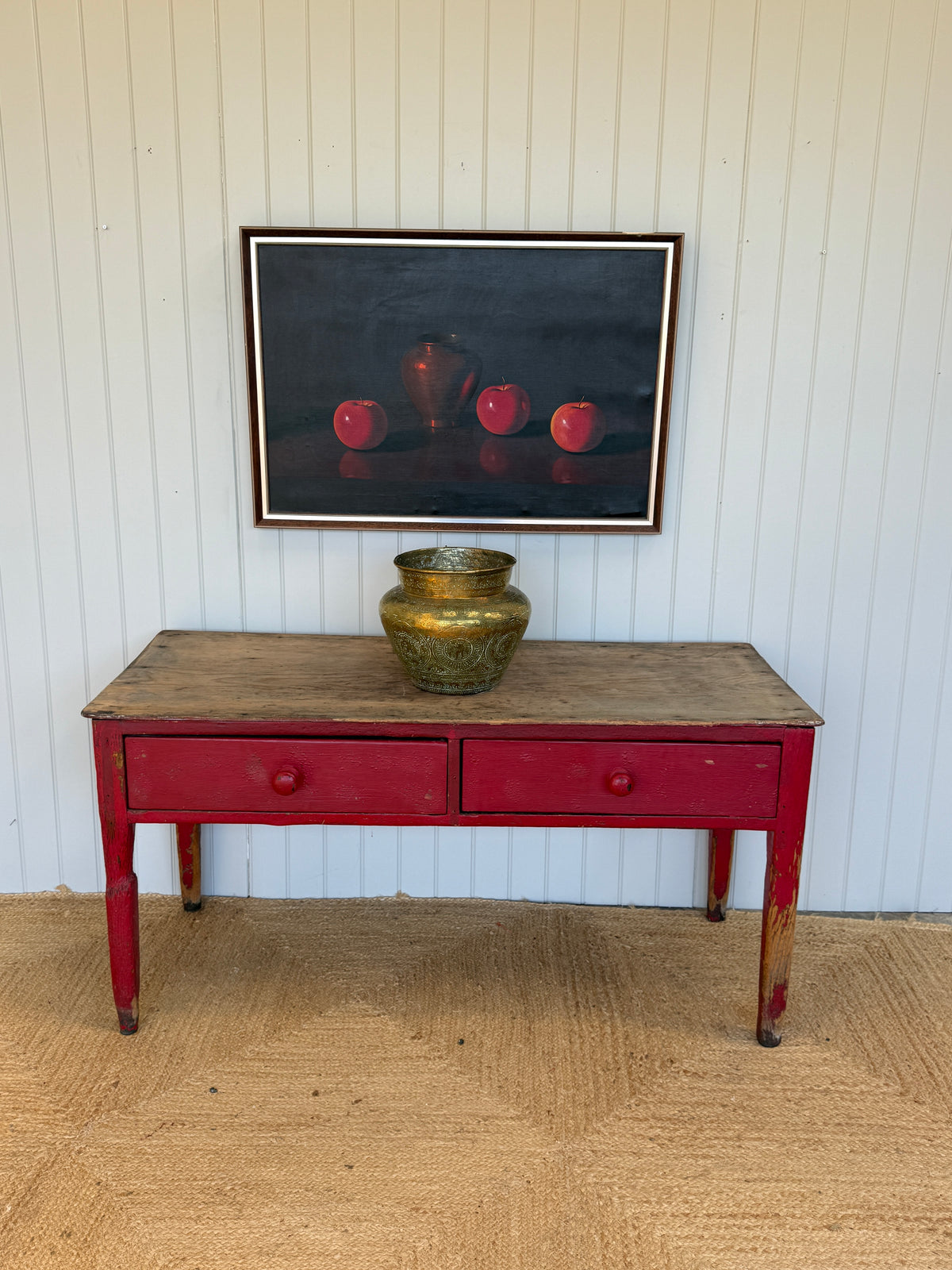 Antique Painted Pine Prep Table with Red Paint