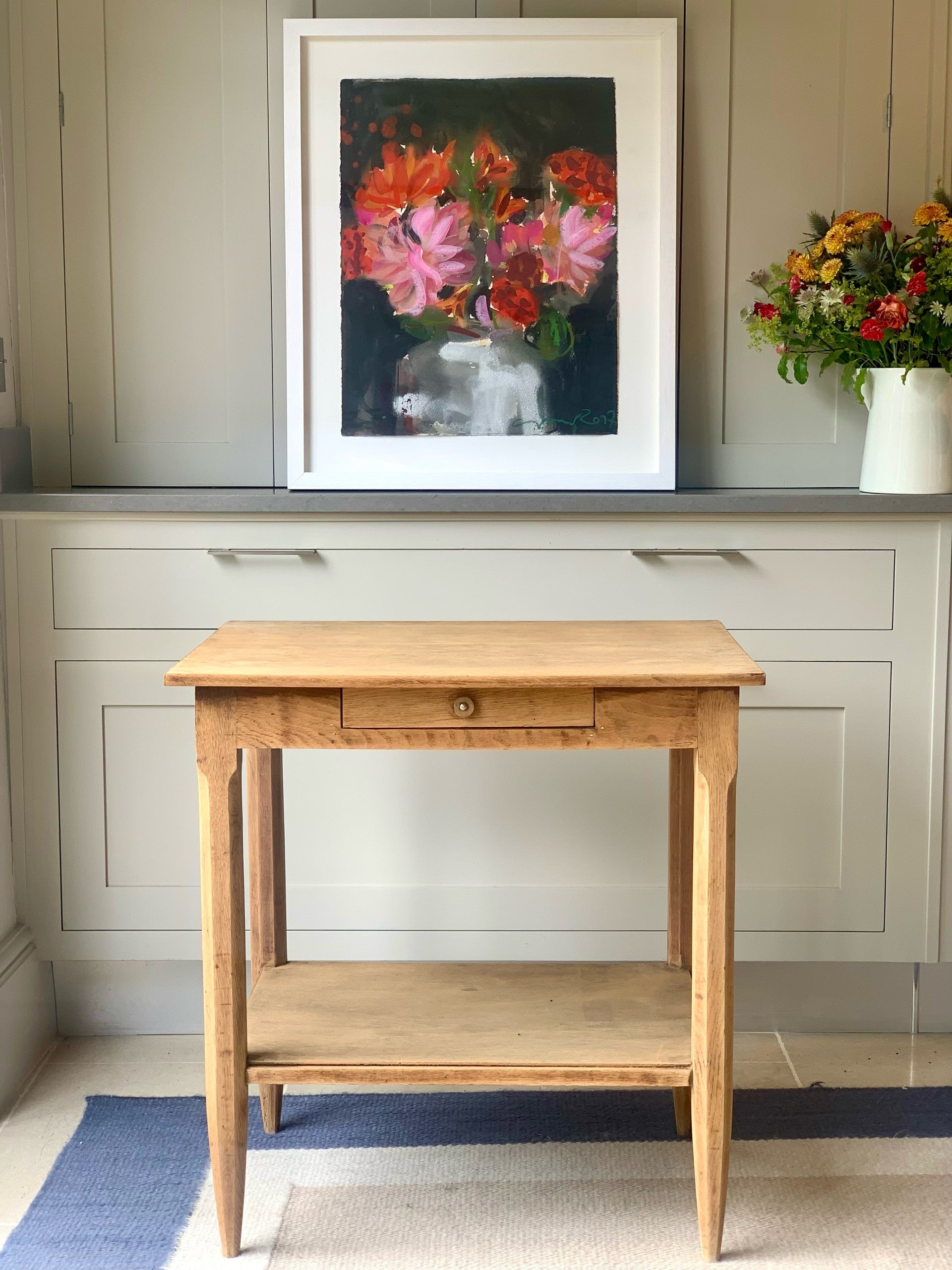 Solid Oak Table with Drawers and Shelf