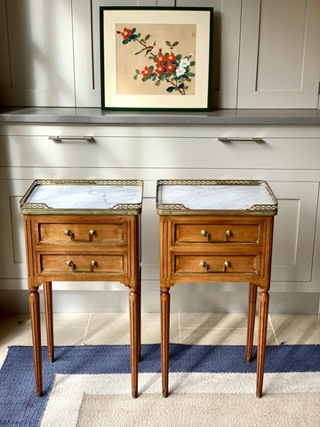 Pair of French Marble Topped Bedside Tables with Brass Galleries