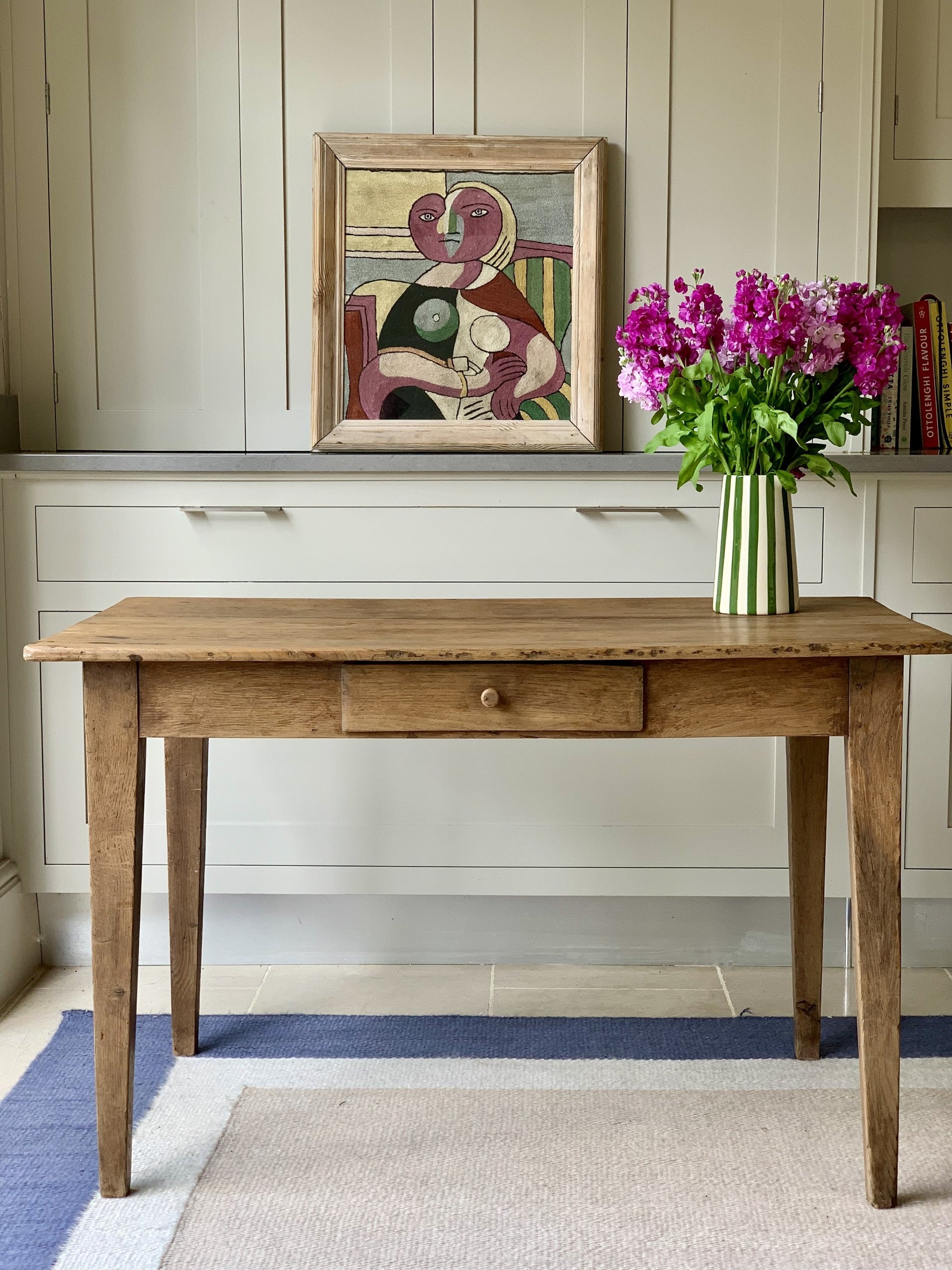 French Oak Table with Fluted Legs and Single Drawer