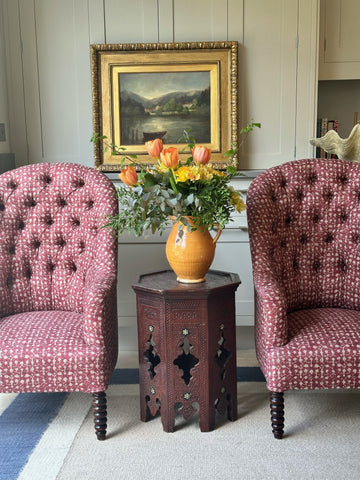 Amazing French Button Back Armchairs with Bobbin Turned Mahogany Feet and Upholstered in Robert Kime Ume Red