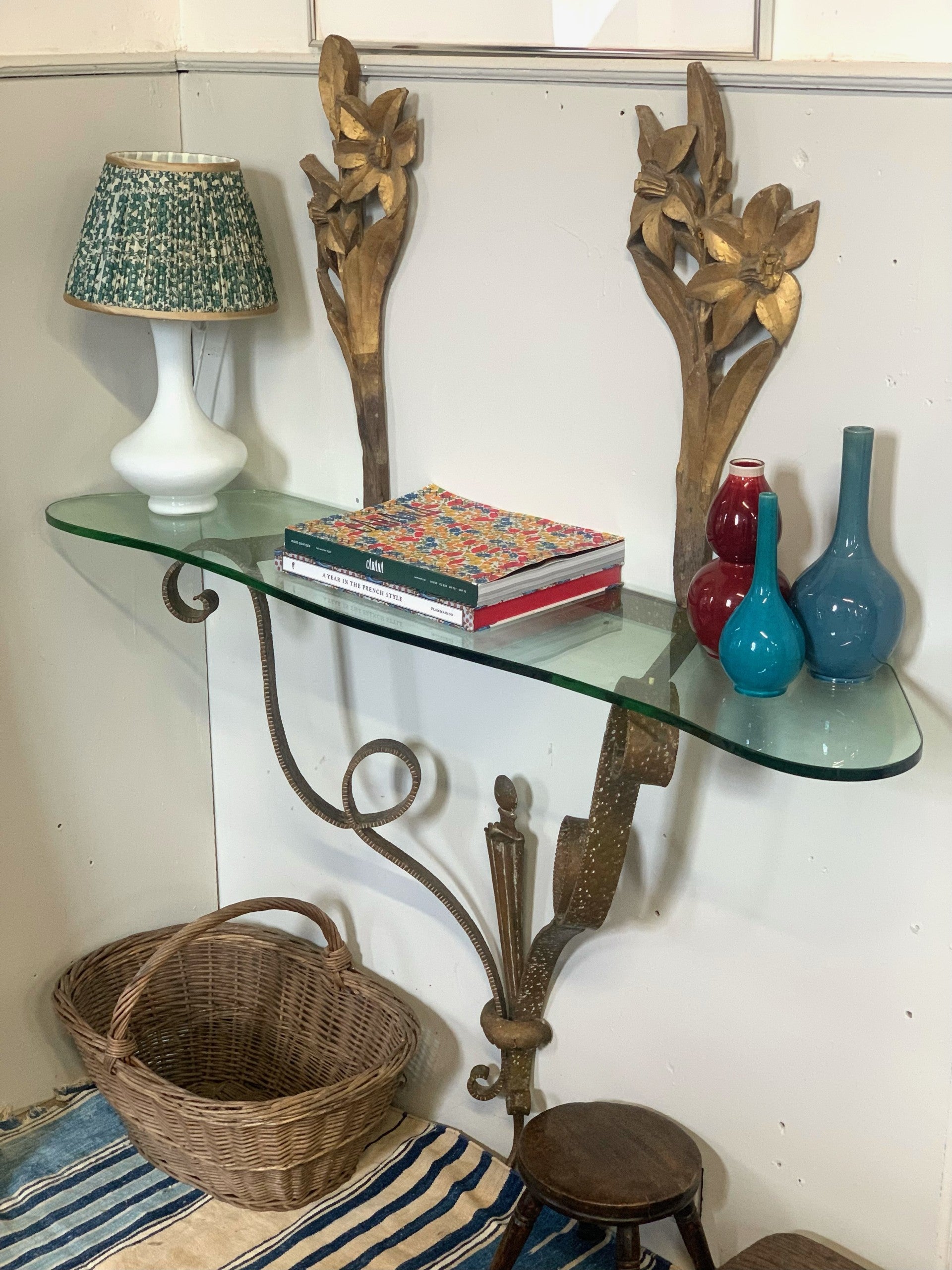 Italian Hammered Gilt Metal Console Table with Glass Top