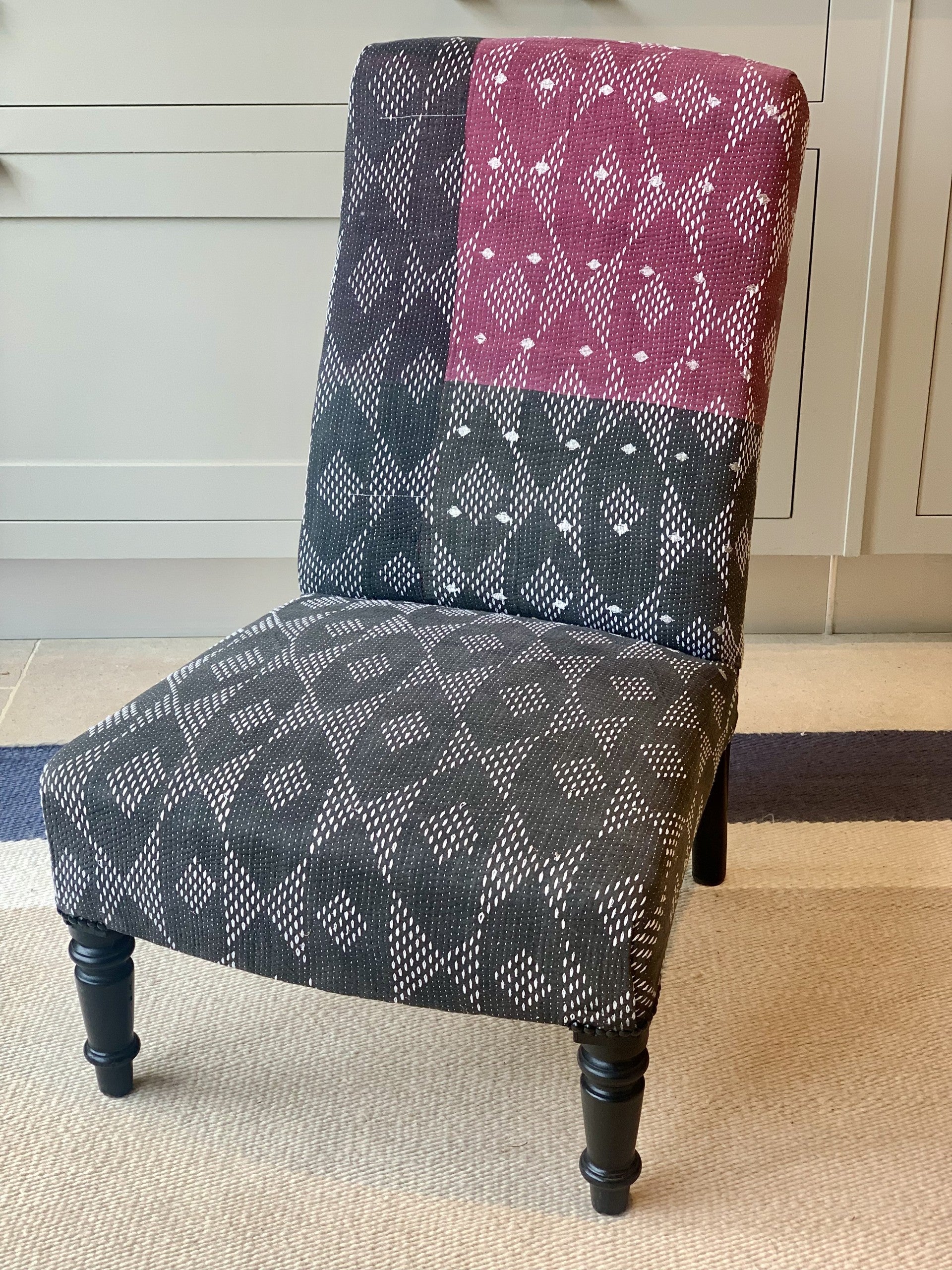 Single French Slipper Chair Reupholstered in a Vintage Purple  and Black Kantha