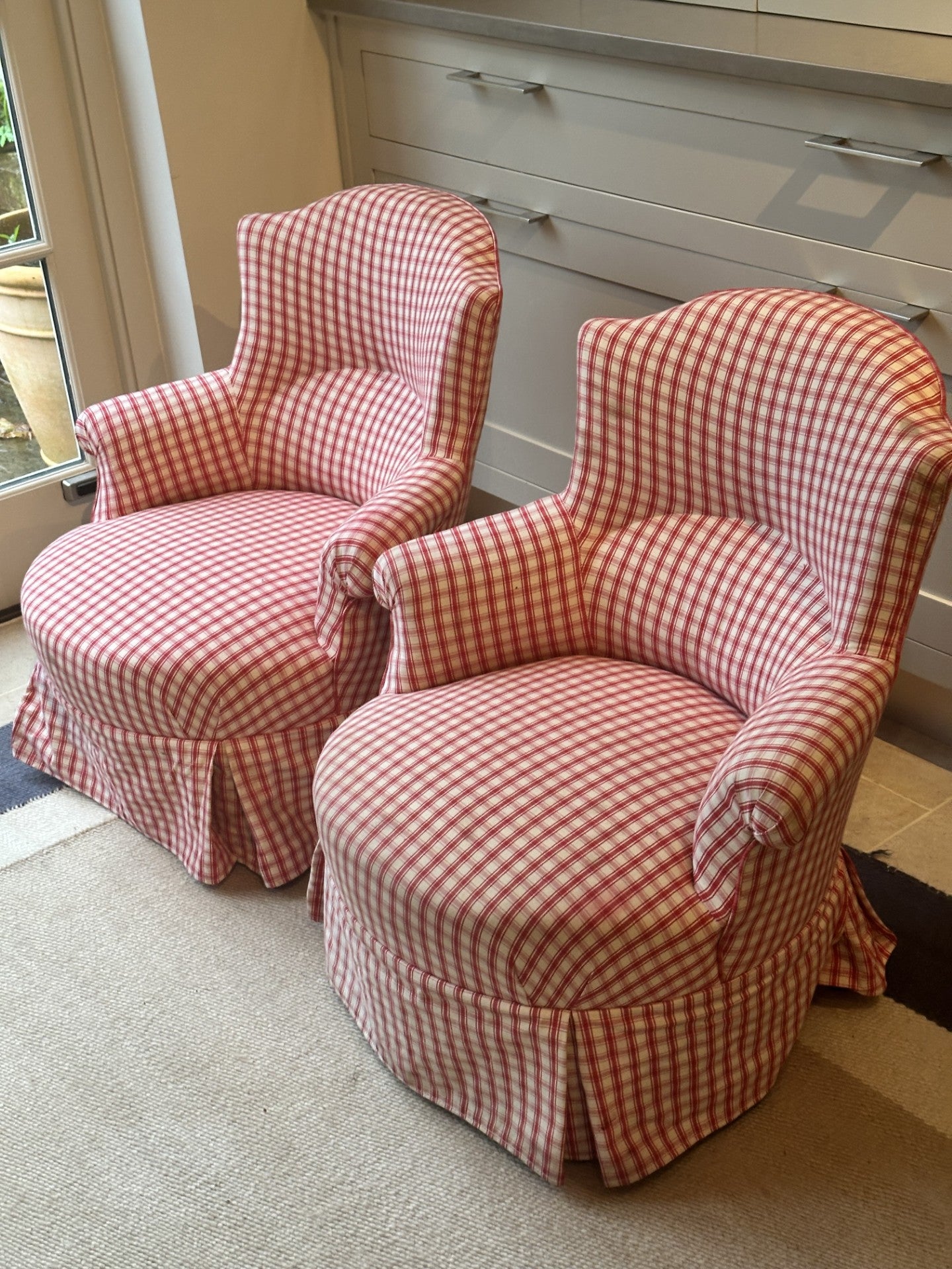 Pair of Small Crapaud Tub Chairs in Red Gingham