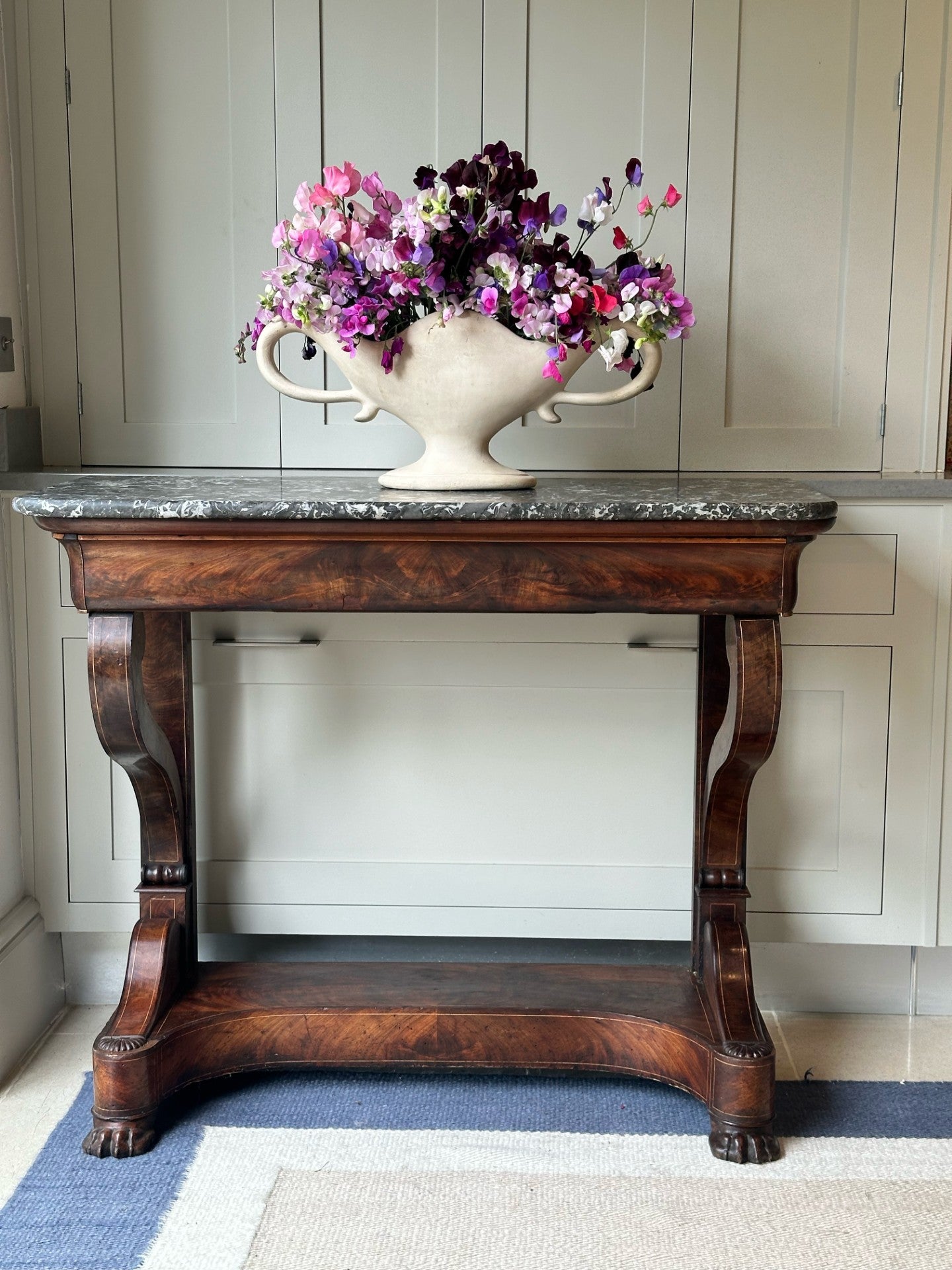 Small Mahogany Console Table with Grey Marble Top and Long Drawer