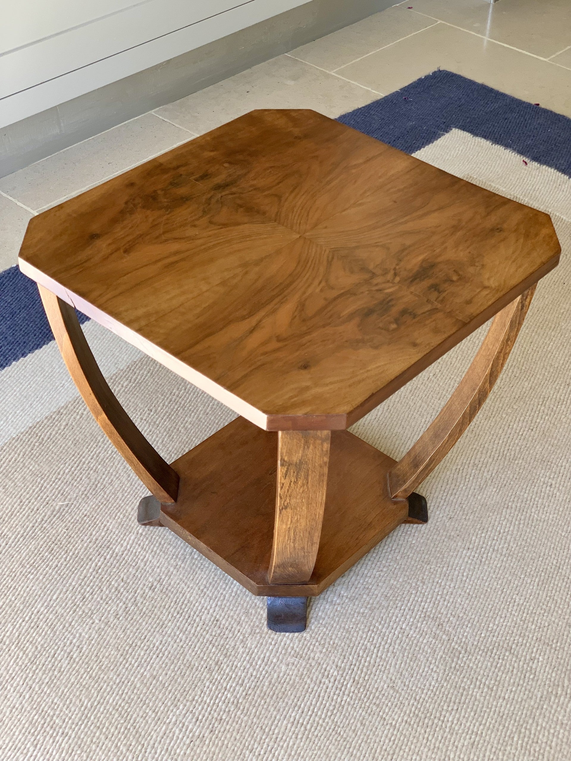 Walnut 2 Tier Table with Bow Stretcher Legs - British 1930s