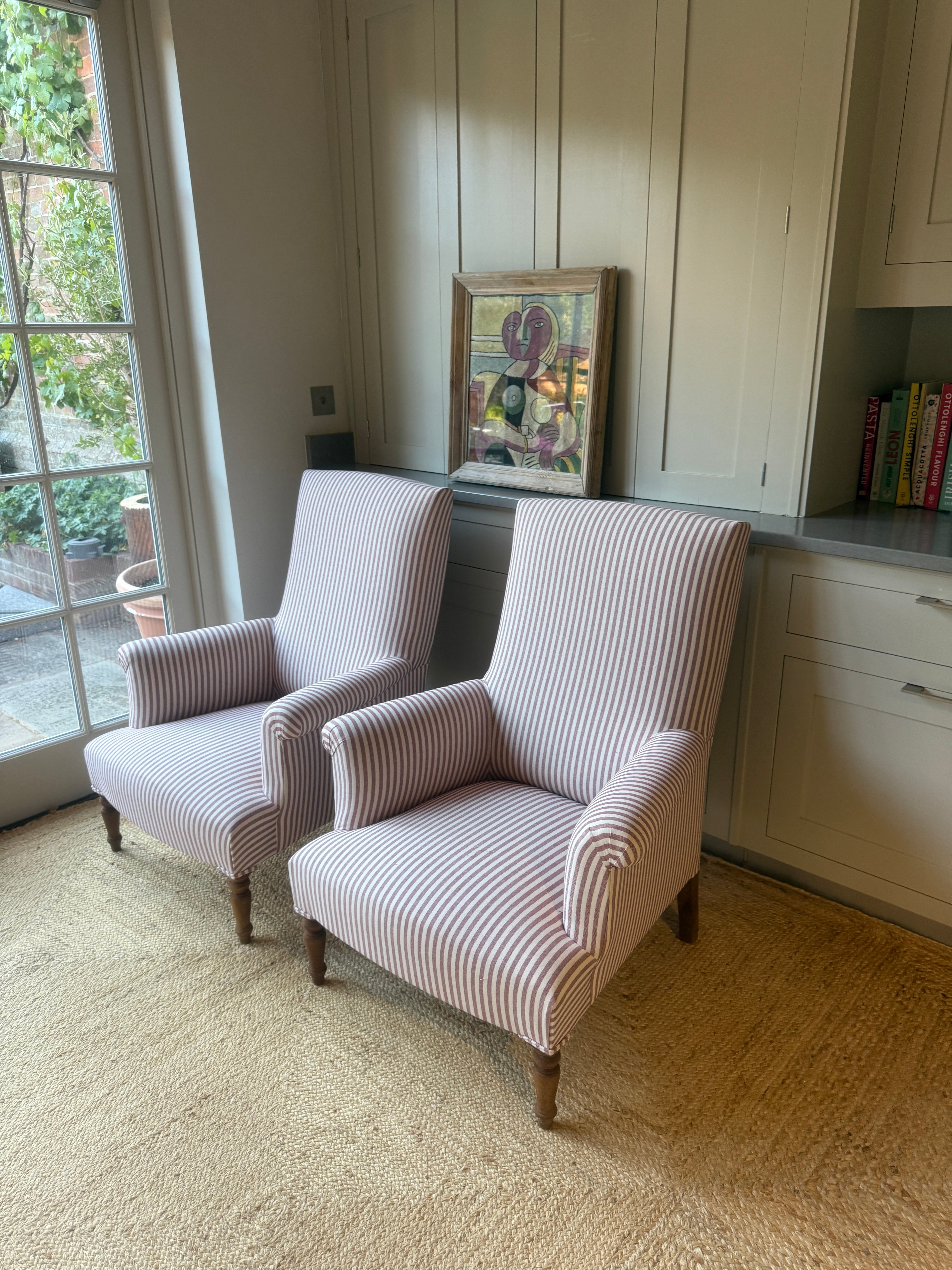 Large Pair of French Armchairs in red and white ticking