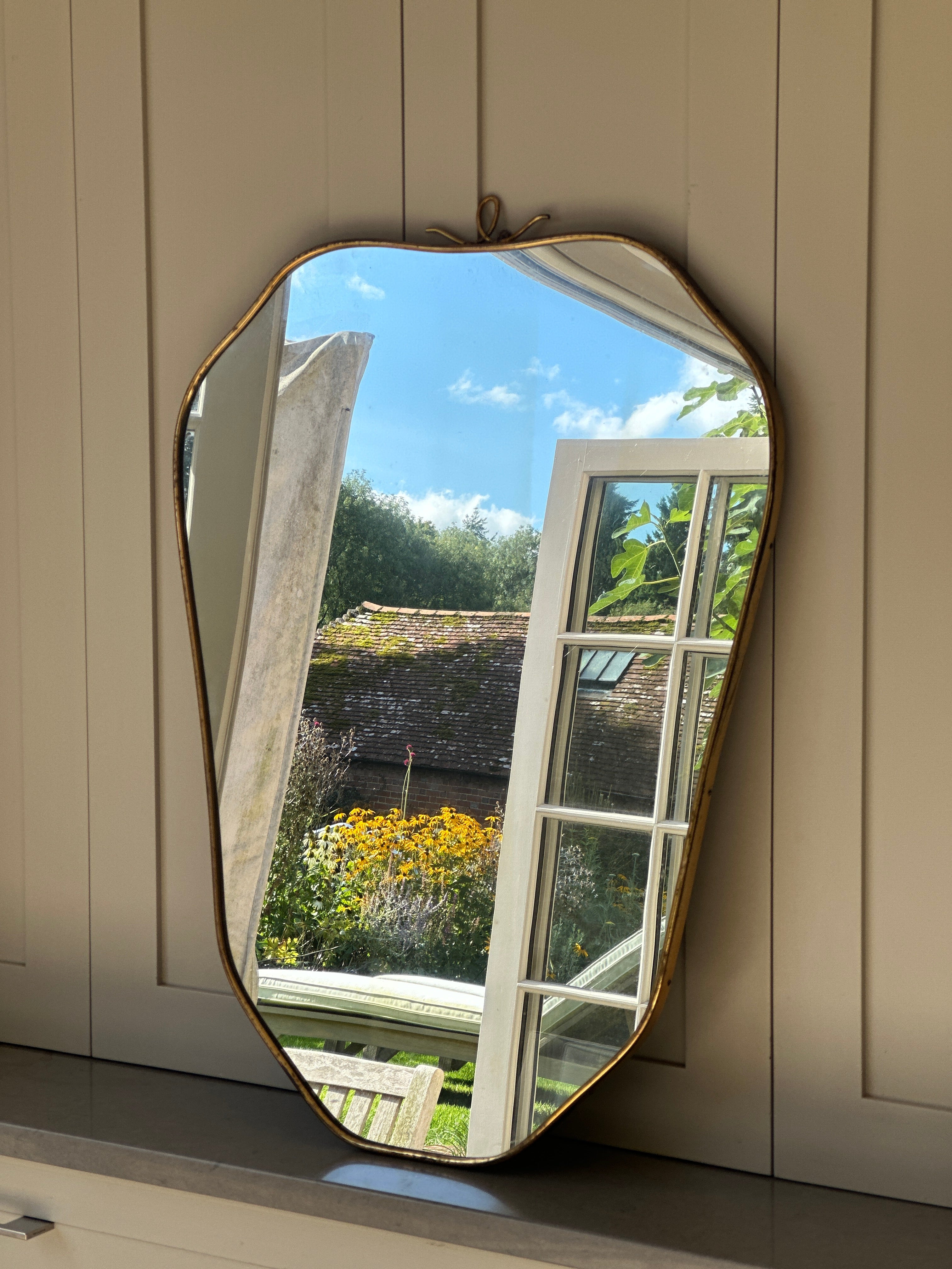 Italian Mid Century Brass Shield Mirror with Crest