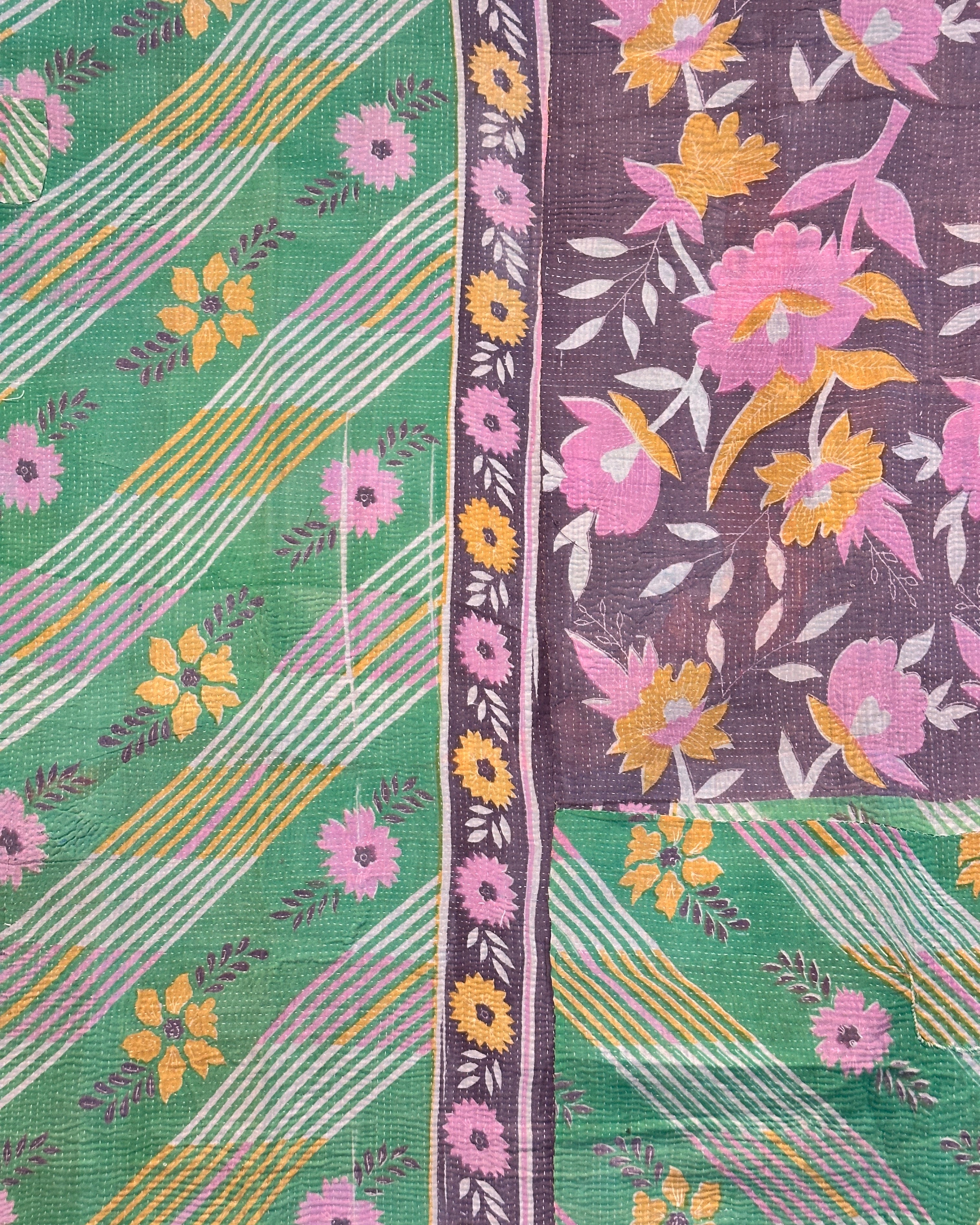 Vintage Kantha in Green, Purple and Yellow