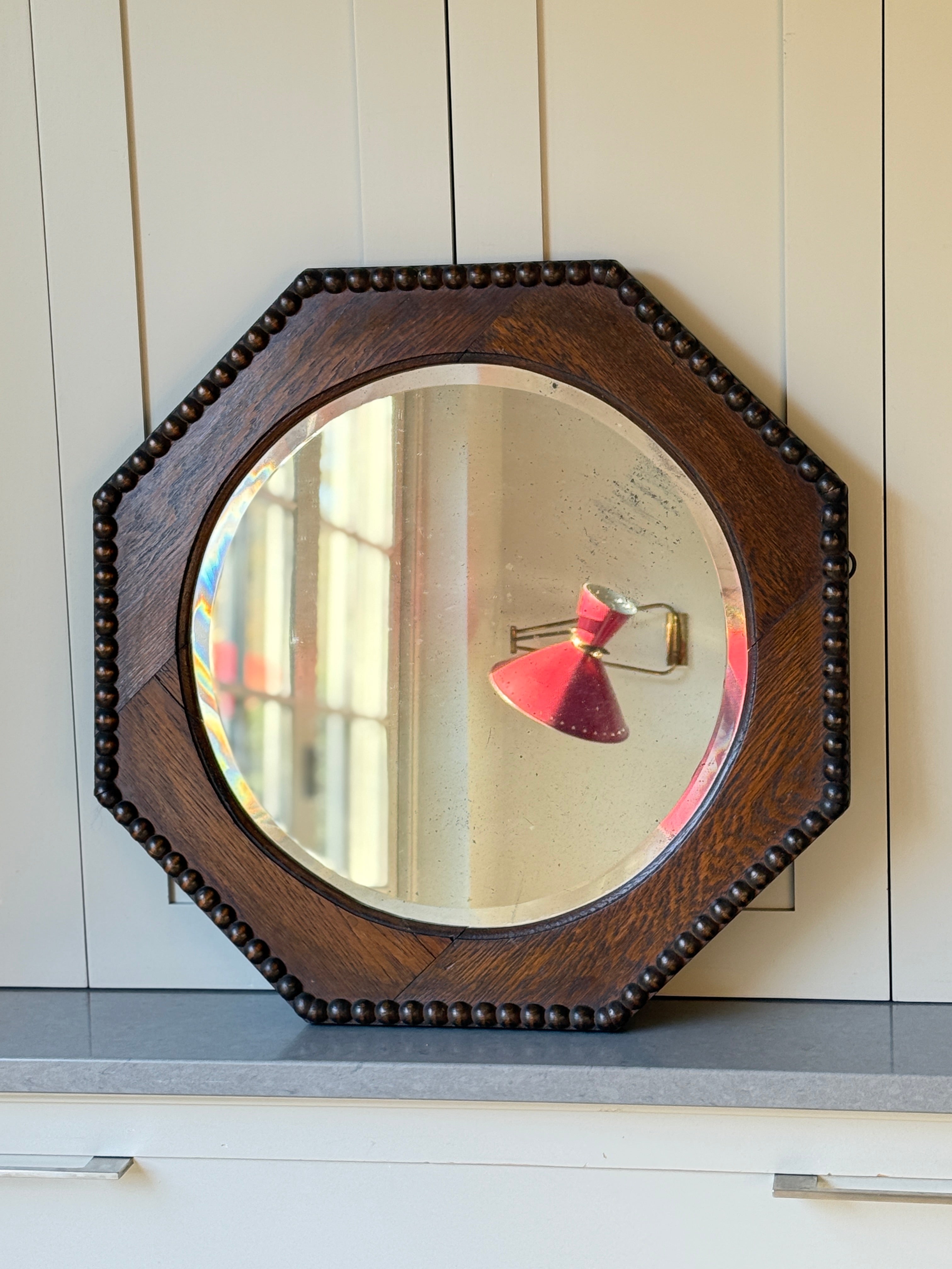 Arts & Crafts Octagonal Wooden Mirror with Bobbin Border