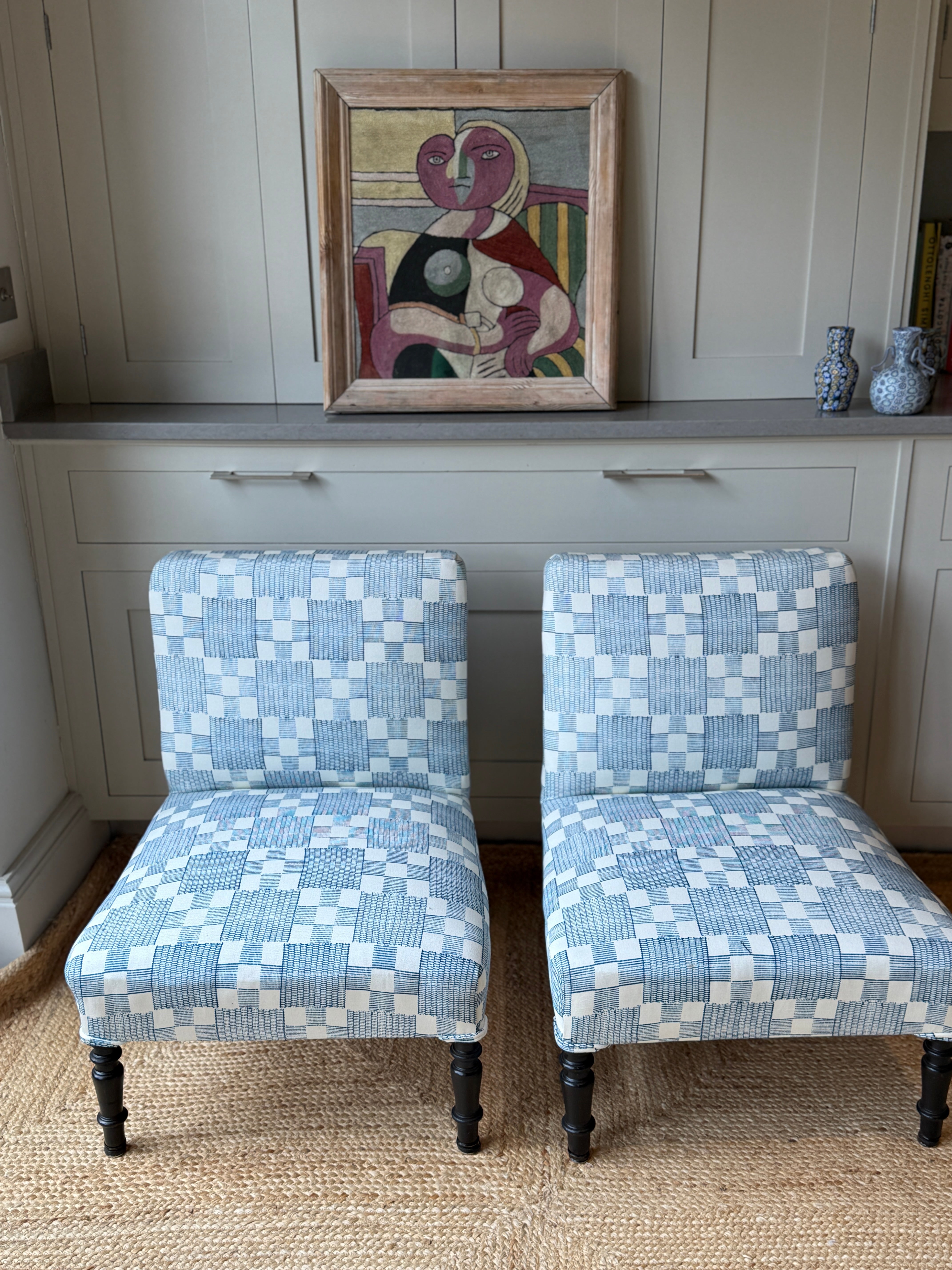 Pair of French Slipper Chairs in Jennifer Shorto Petrol Blue Panama