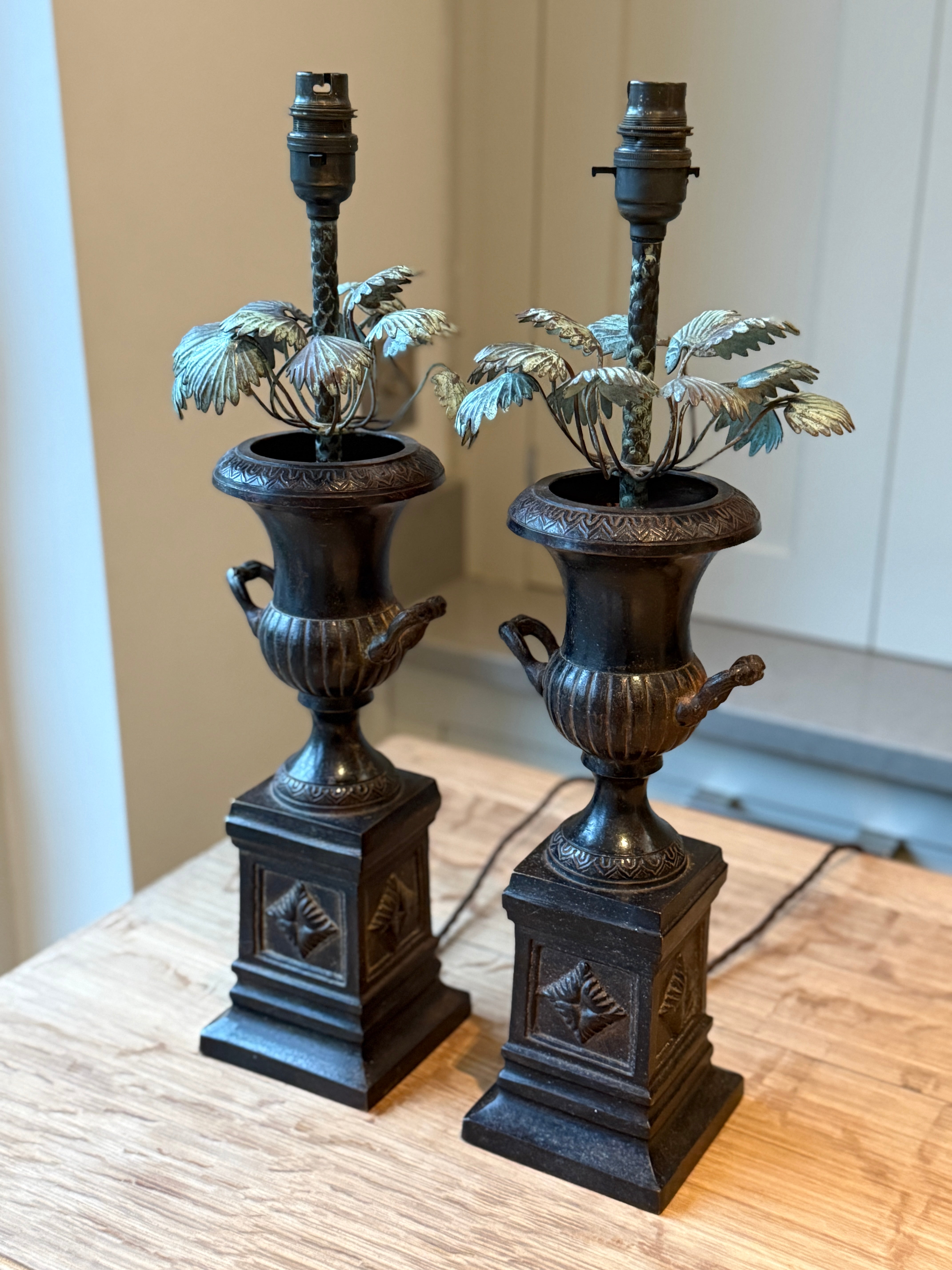 Pair of Cast Iron and Copper Table Lamps