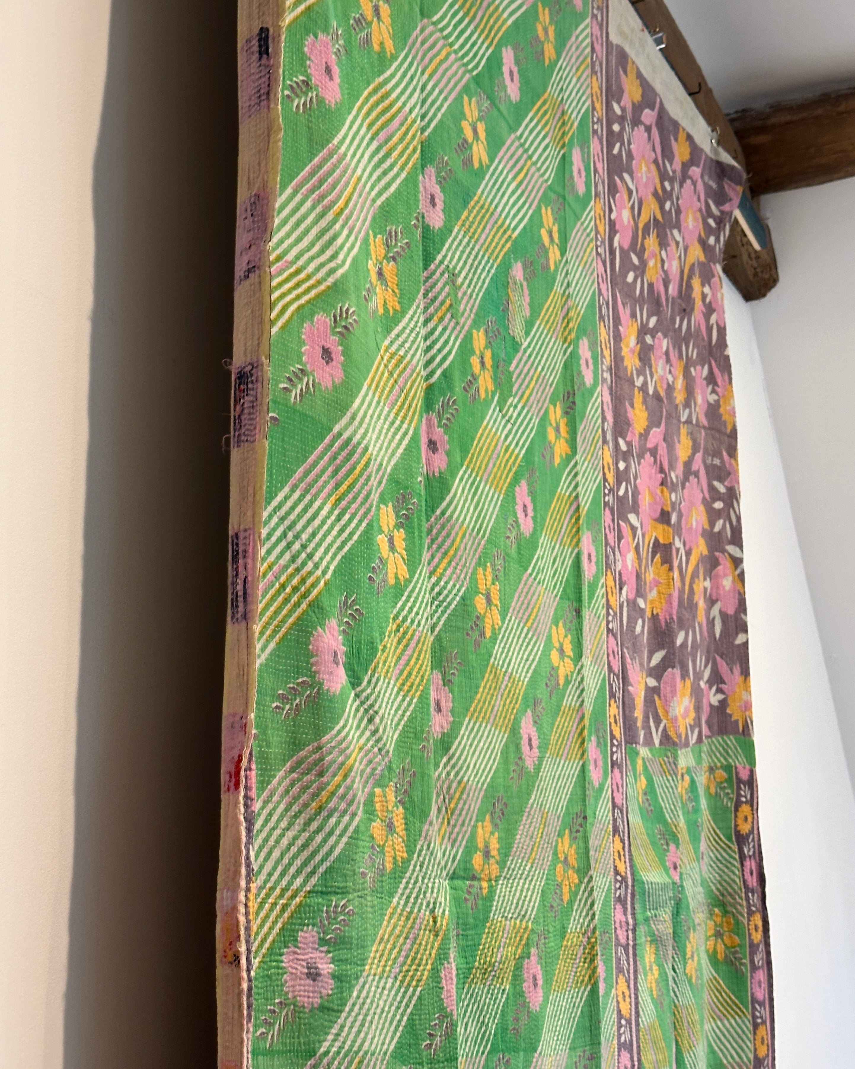 Vintage Kantha in Green, Purple and Yellow