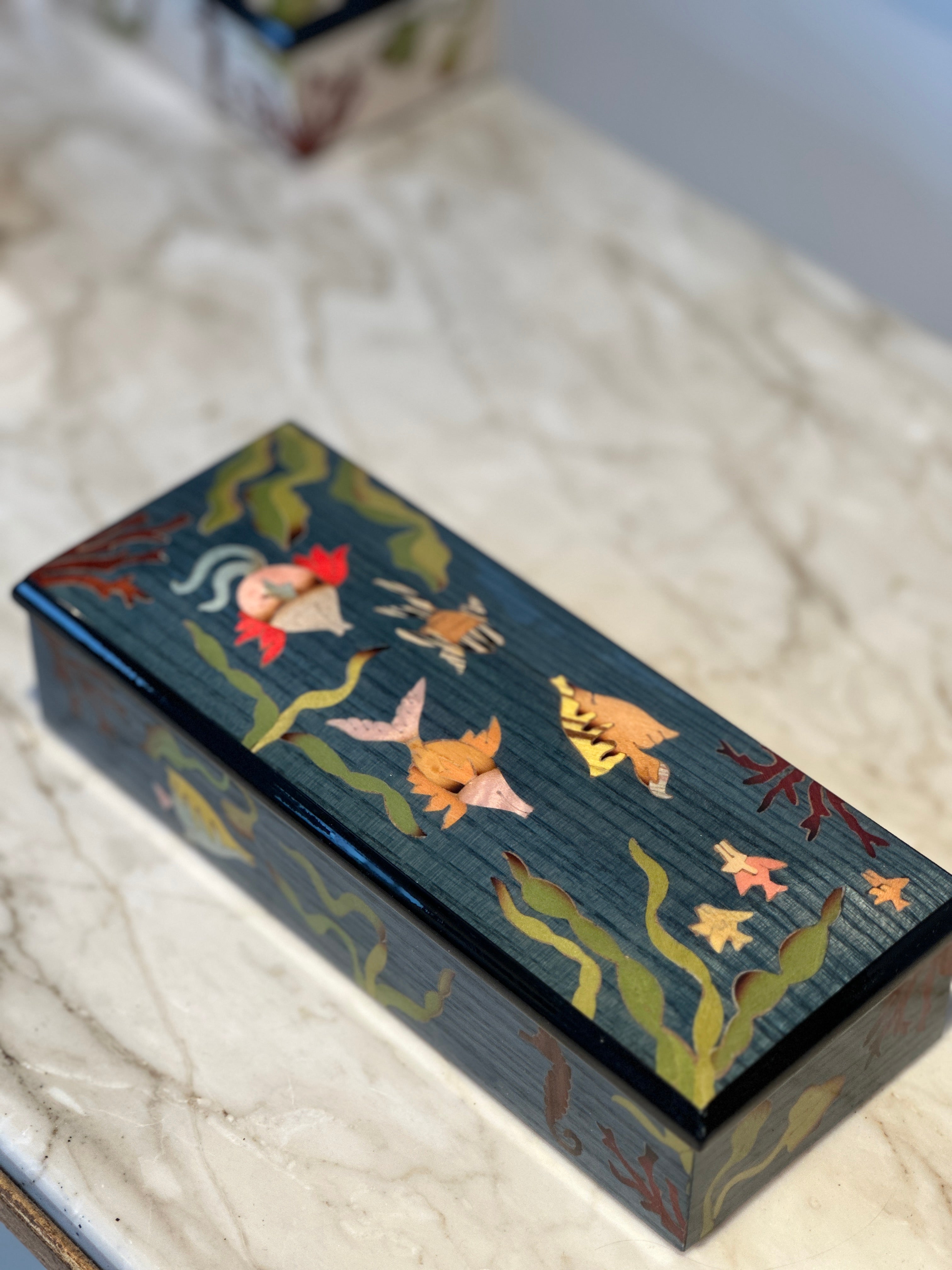 Long Rectangular Marquetry Boxes with Velvet Interiors