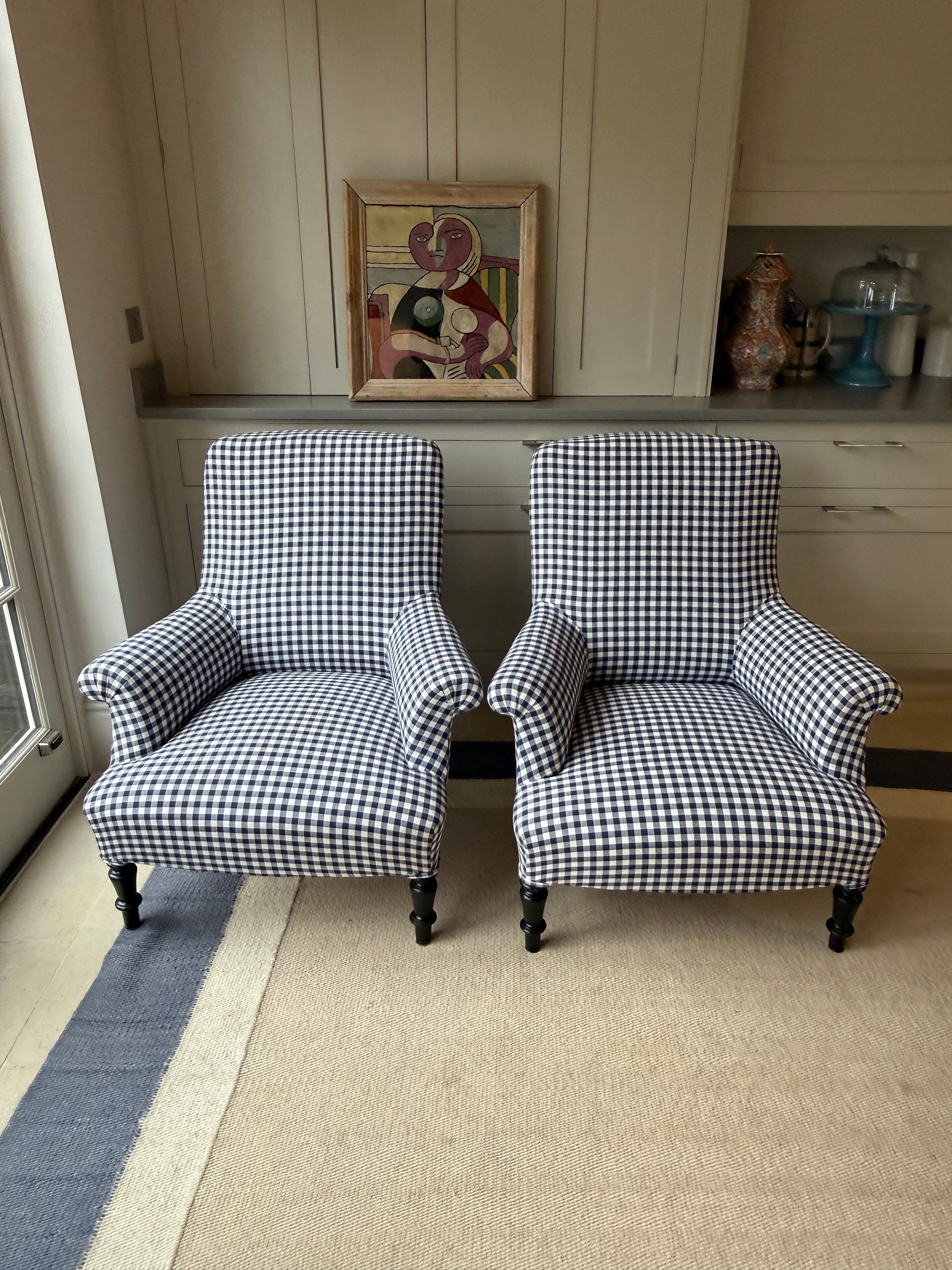 Pair of French Squareback Armchairs in Blue Gingham