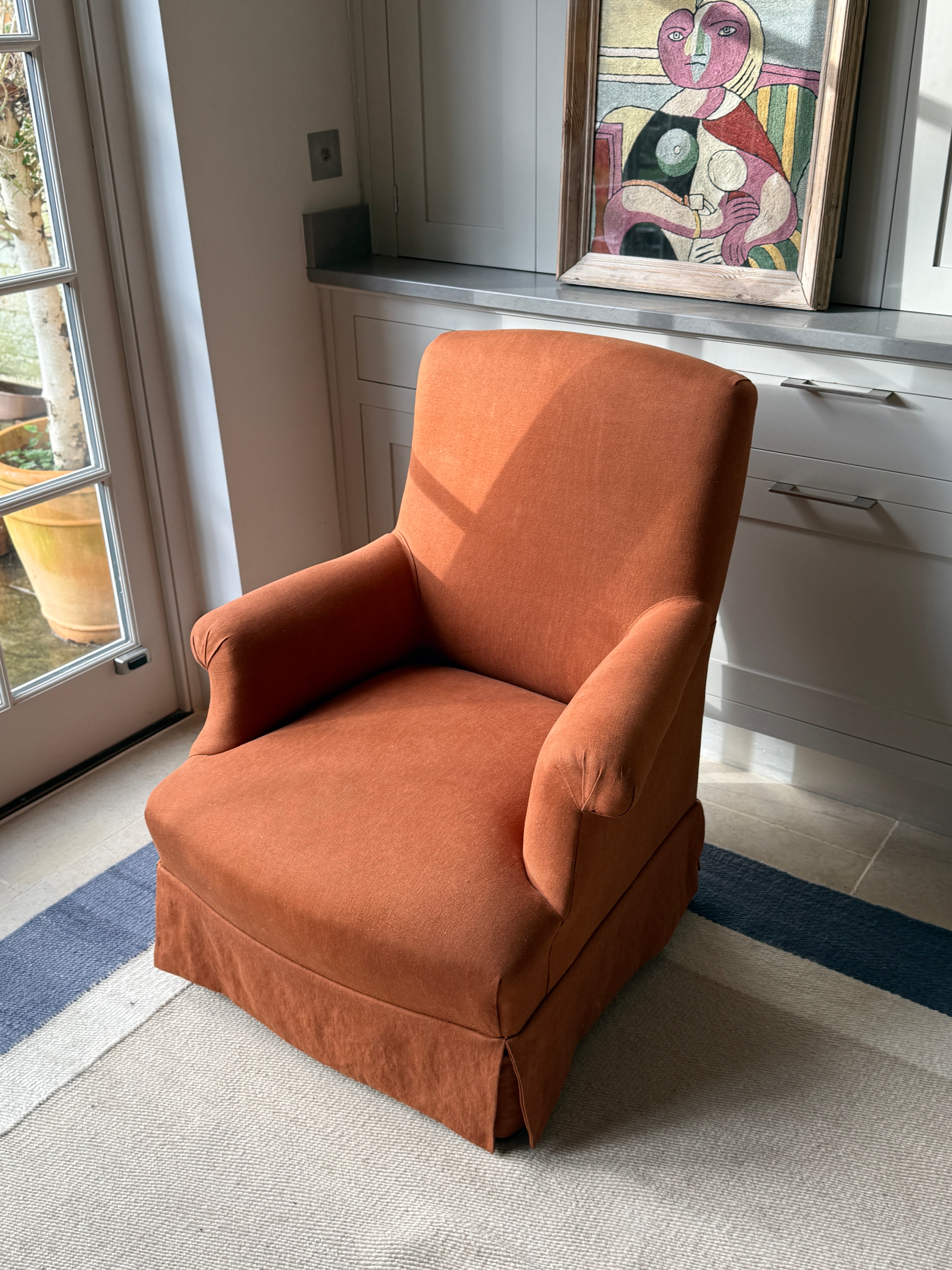 French Squareback Armchair in Rust Linen