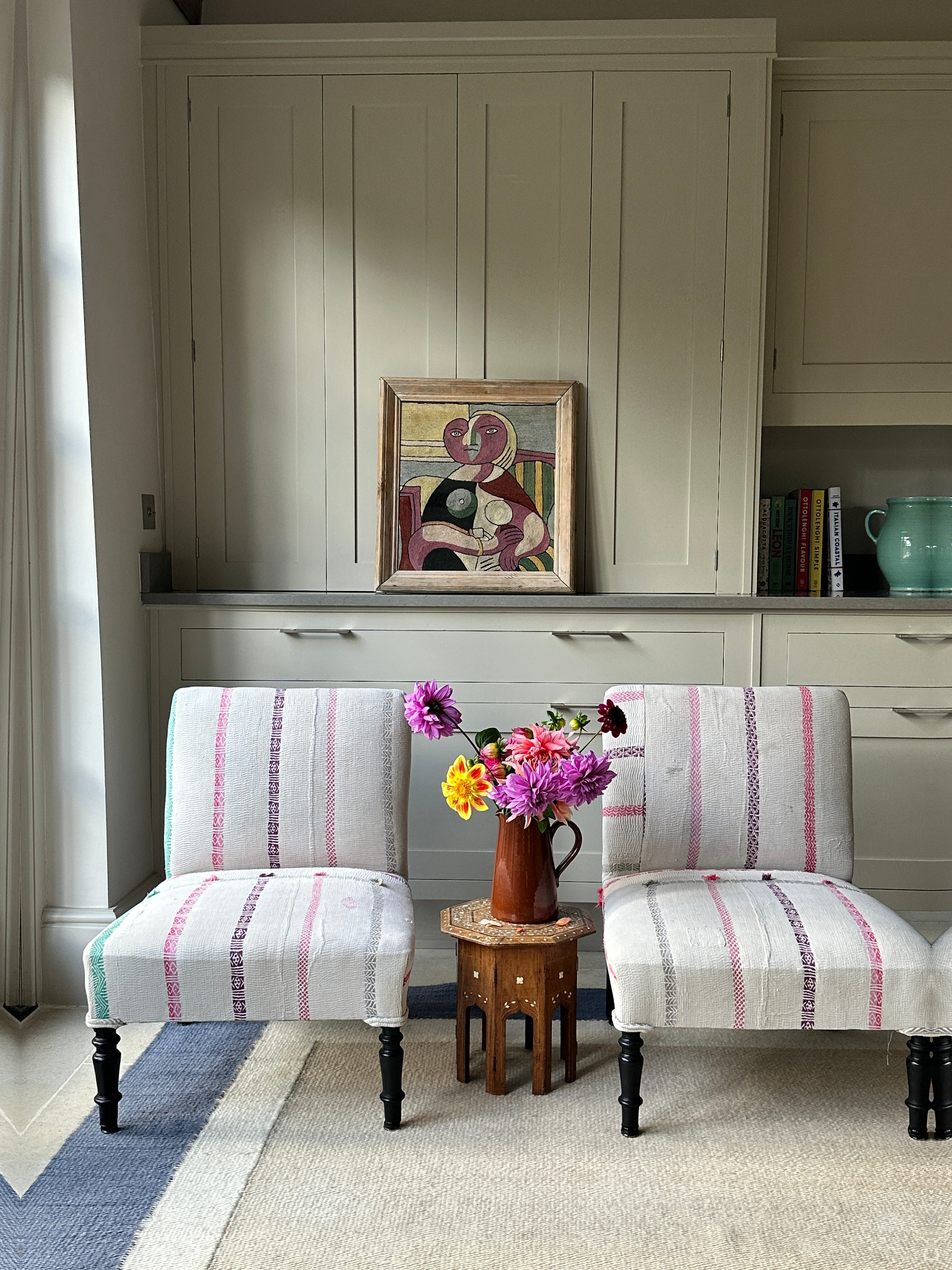 Sweet Pair of French Slipper Chairs in a Candy Striped Kantha