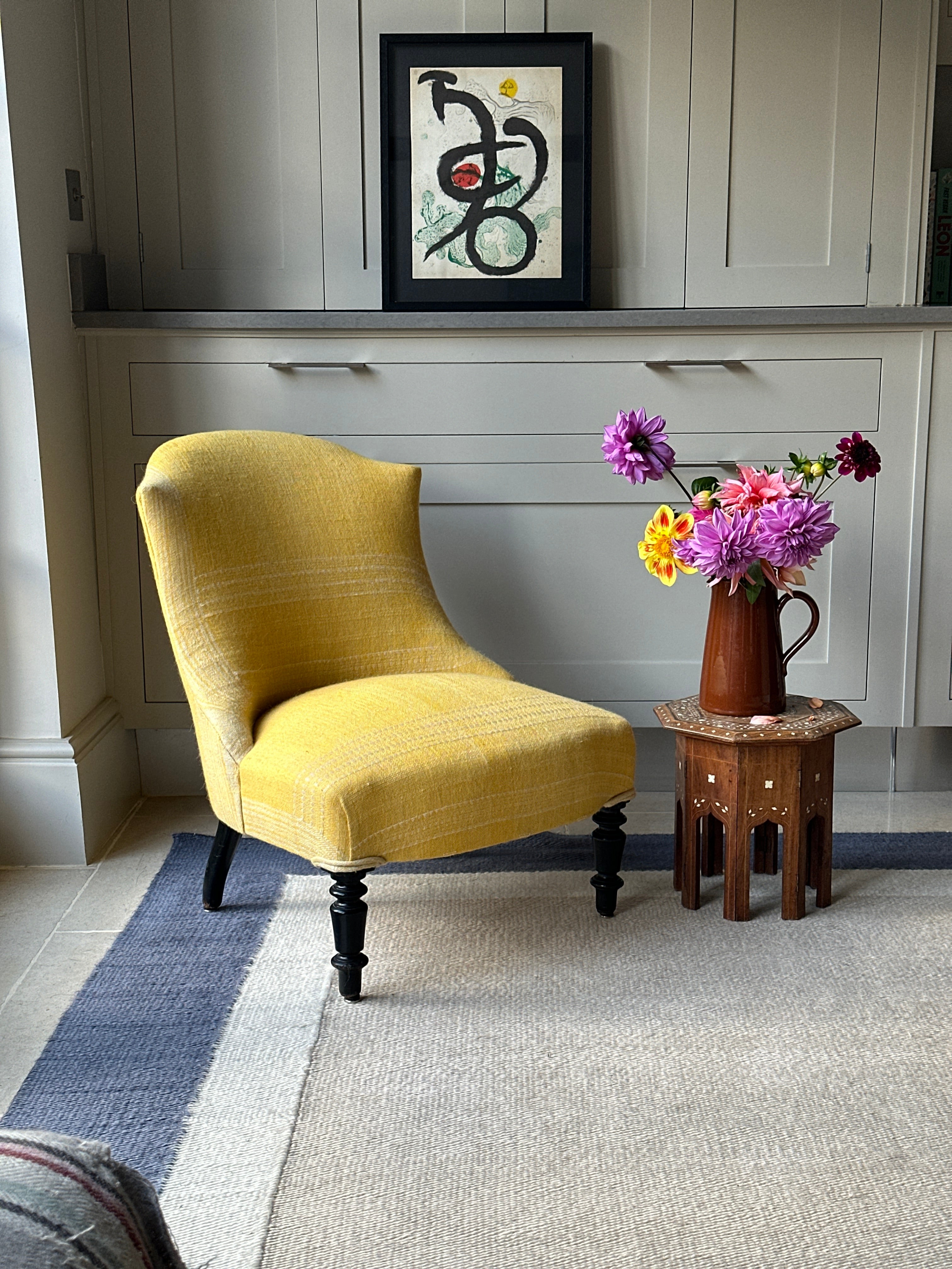 French Slipper Chair in vintage yellow Indian Camel Wool textile