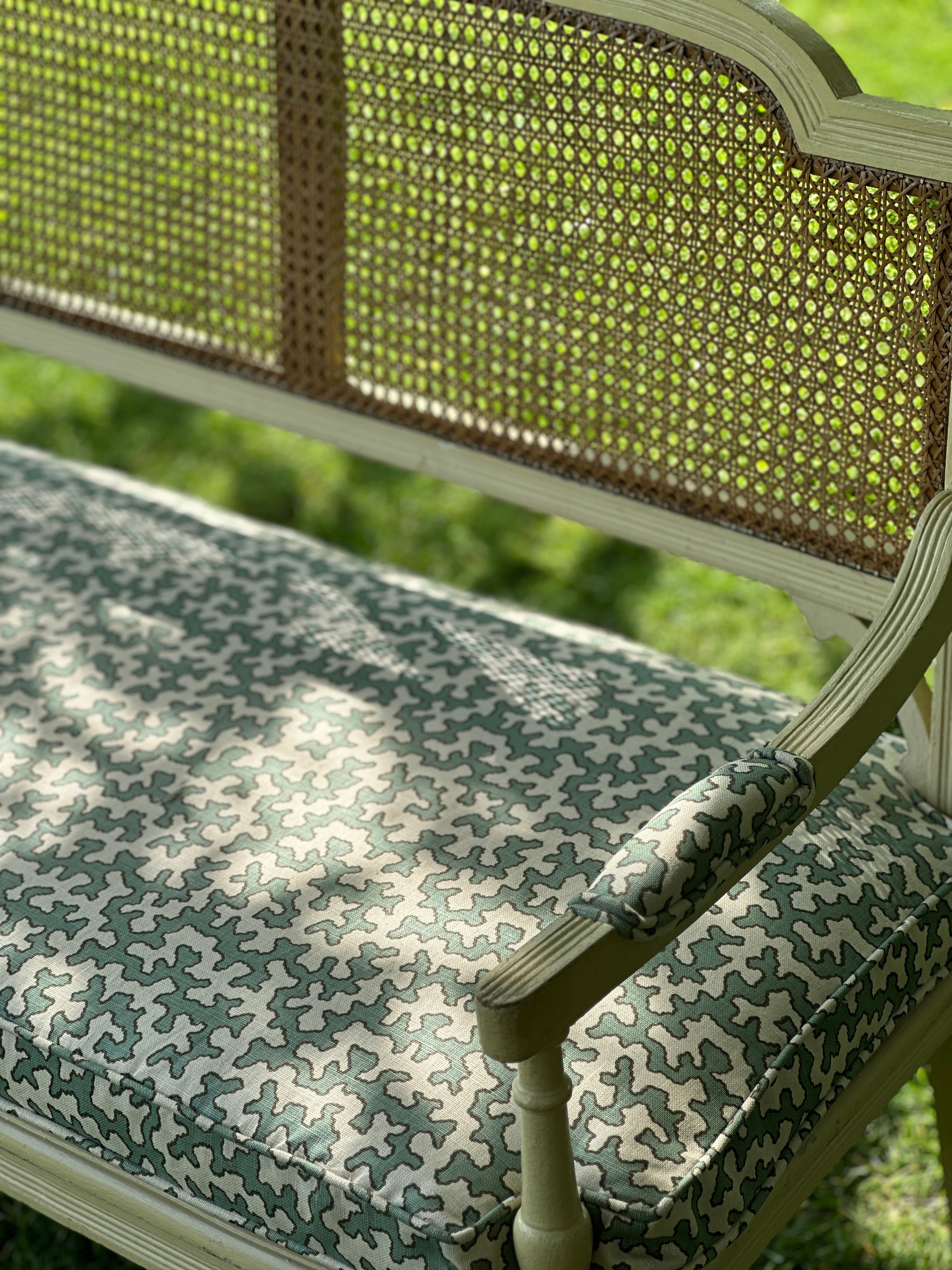 19th Century Cane Bench with Cushion with Colefax & Fowler Squiggle Fabric