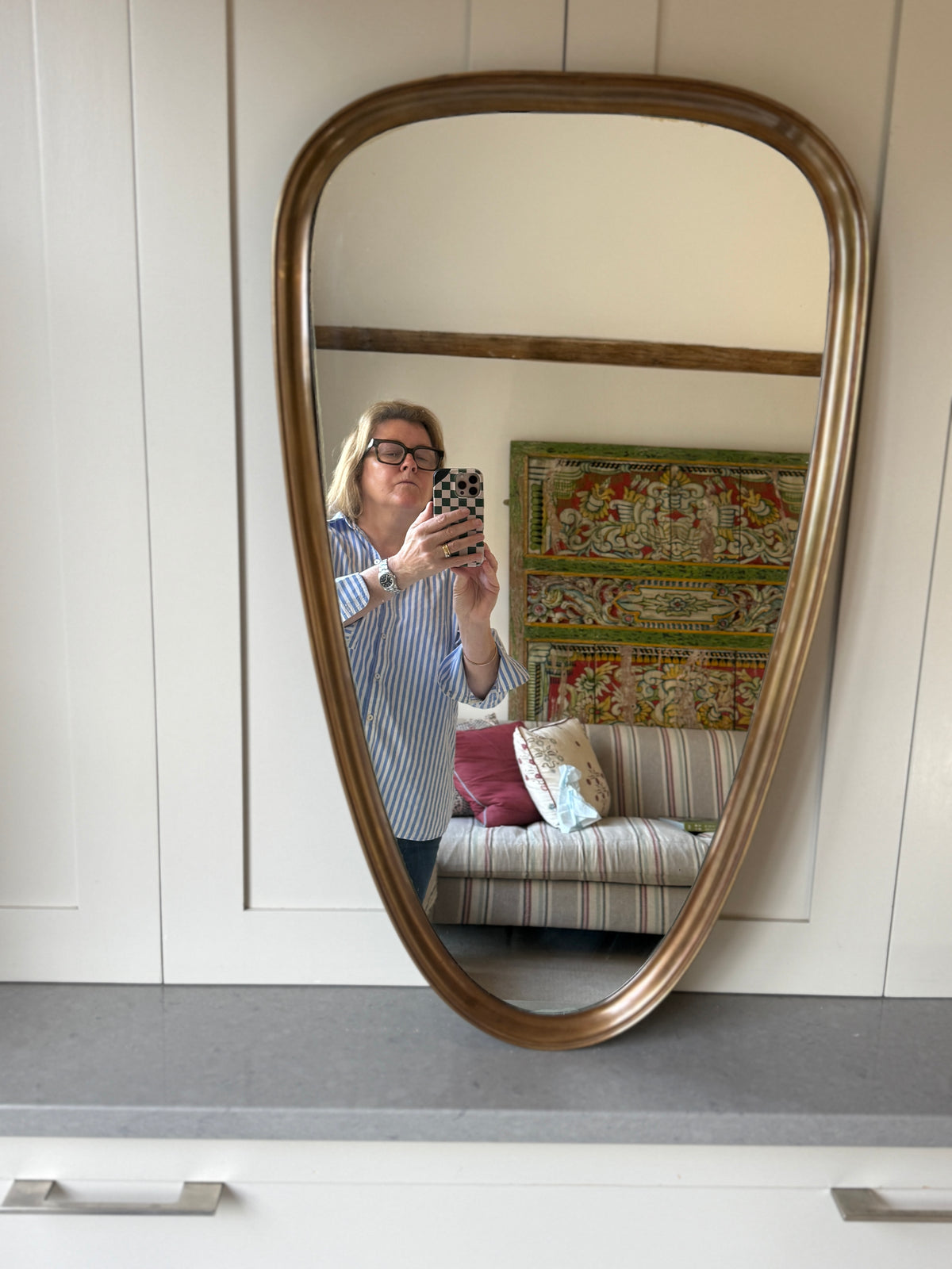 Brass Shield Mirror. Italy 1950s. 80 x 47cm