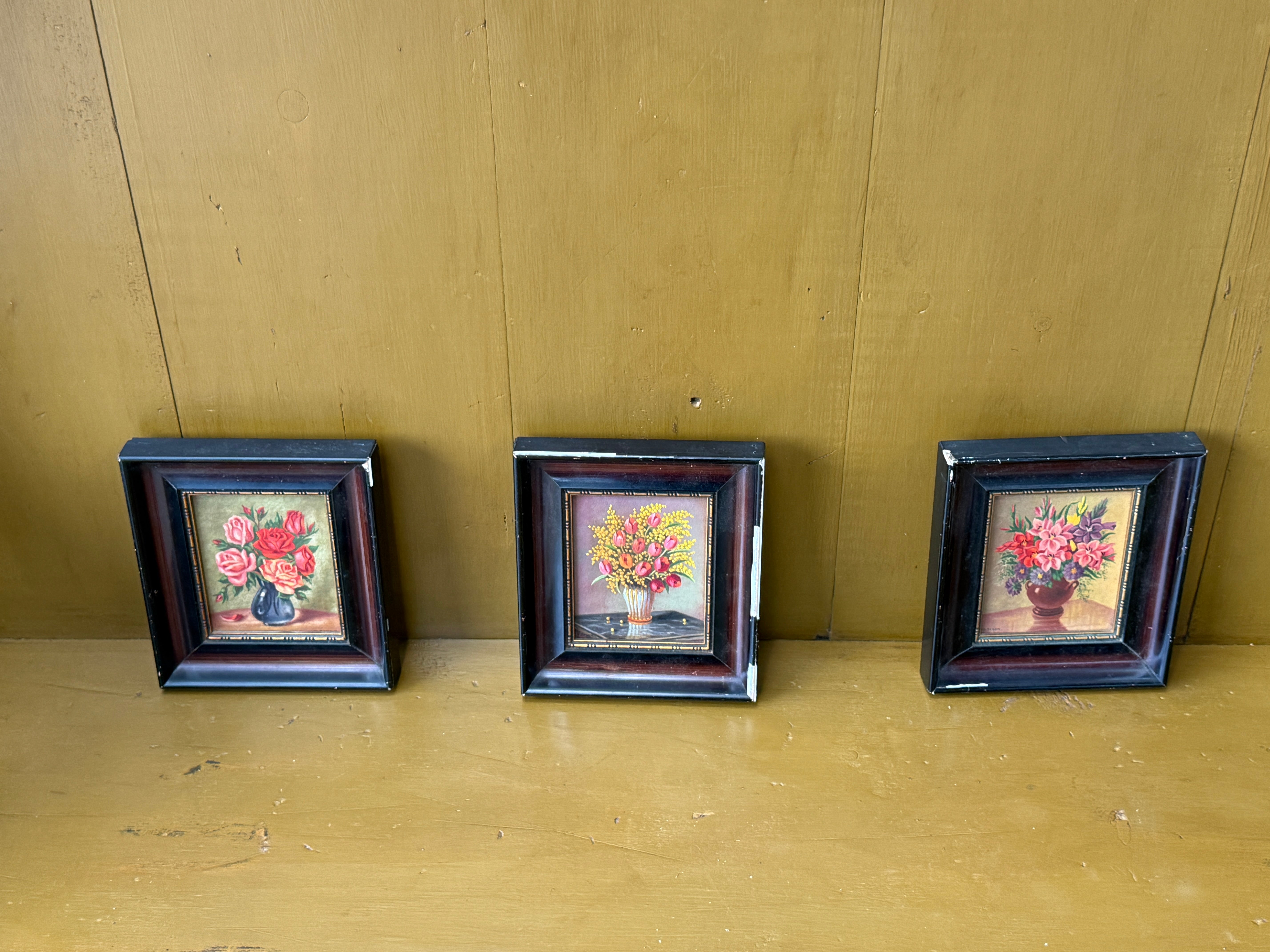 Set of 3 Small Floral Oil Pastel Paintings