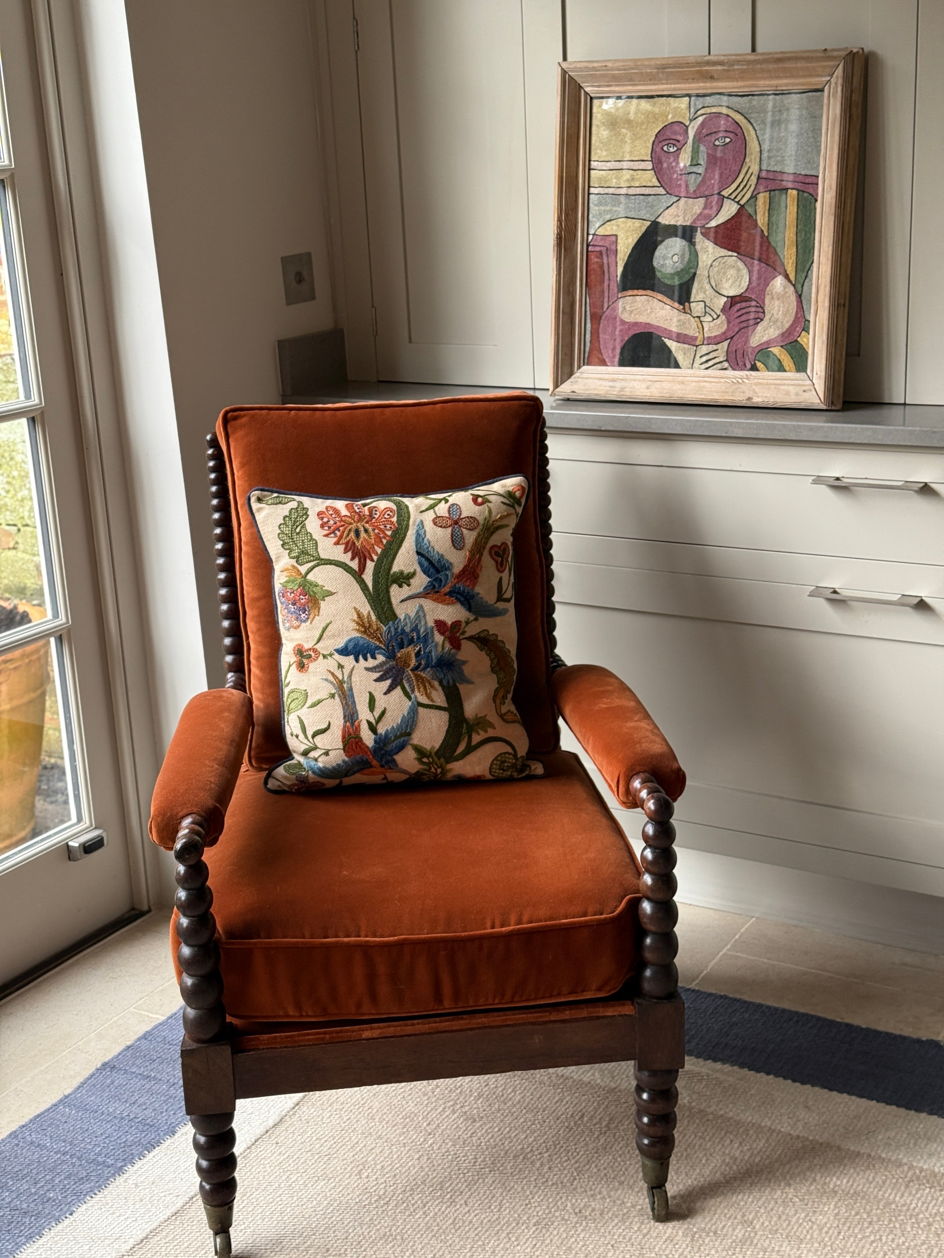 Early 20th Century Bobbin Turned Open Chair in RU Velvet