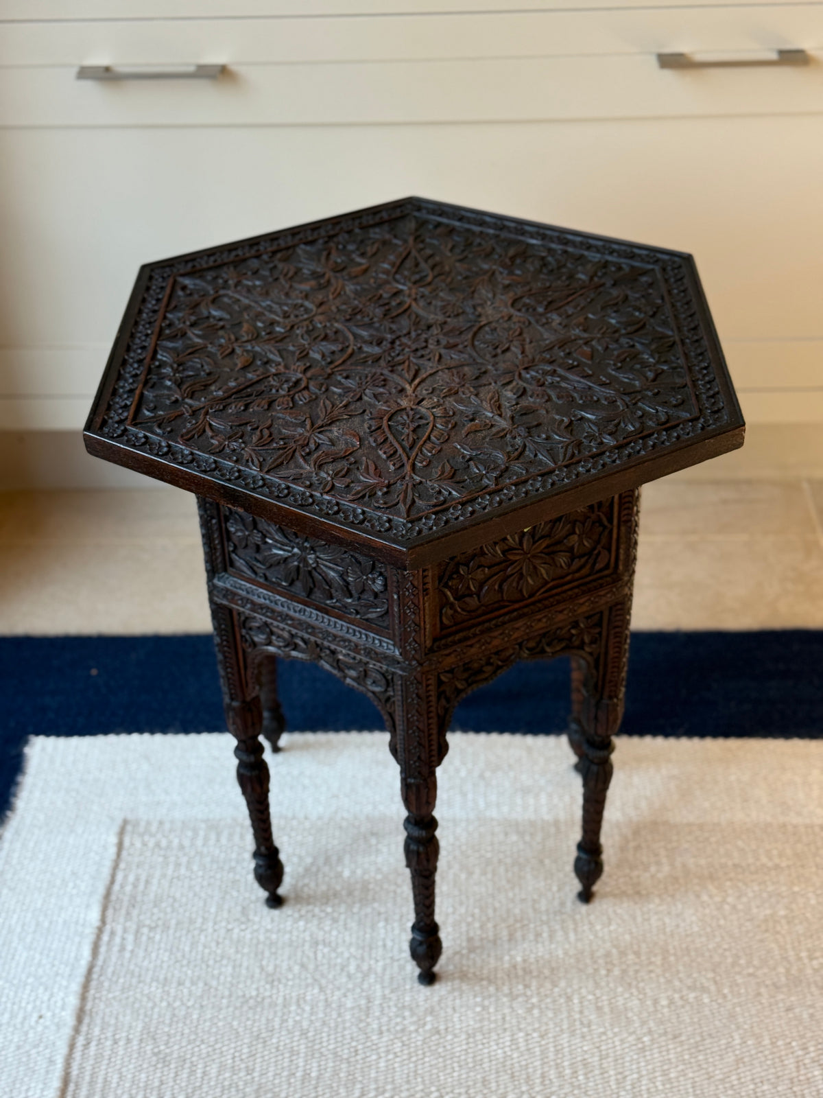 Antique Anglo-Indian Carved Hexagonal Occasional Table