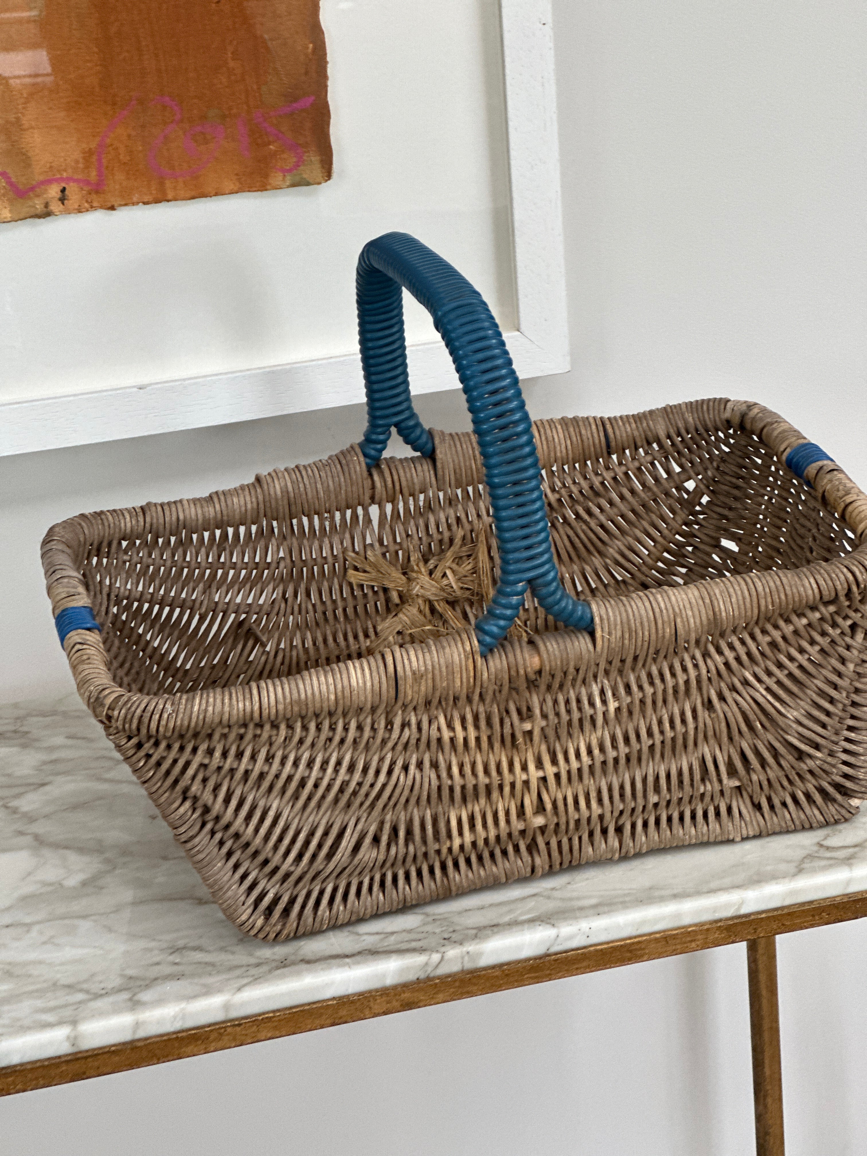 Vintage French Basket with Blue Handles