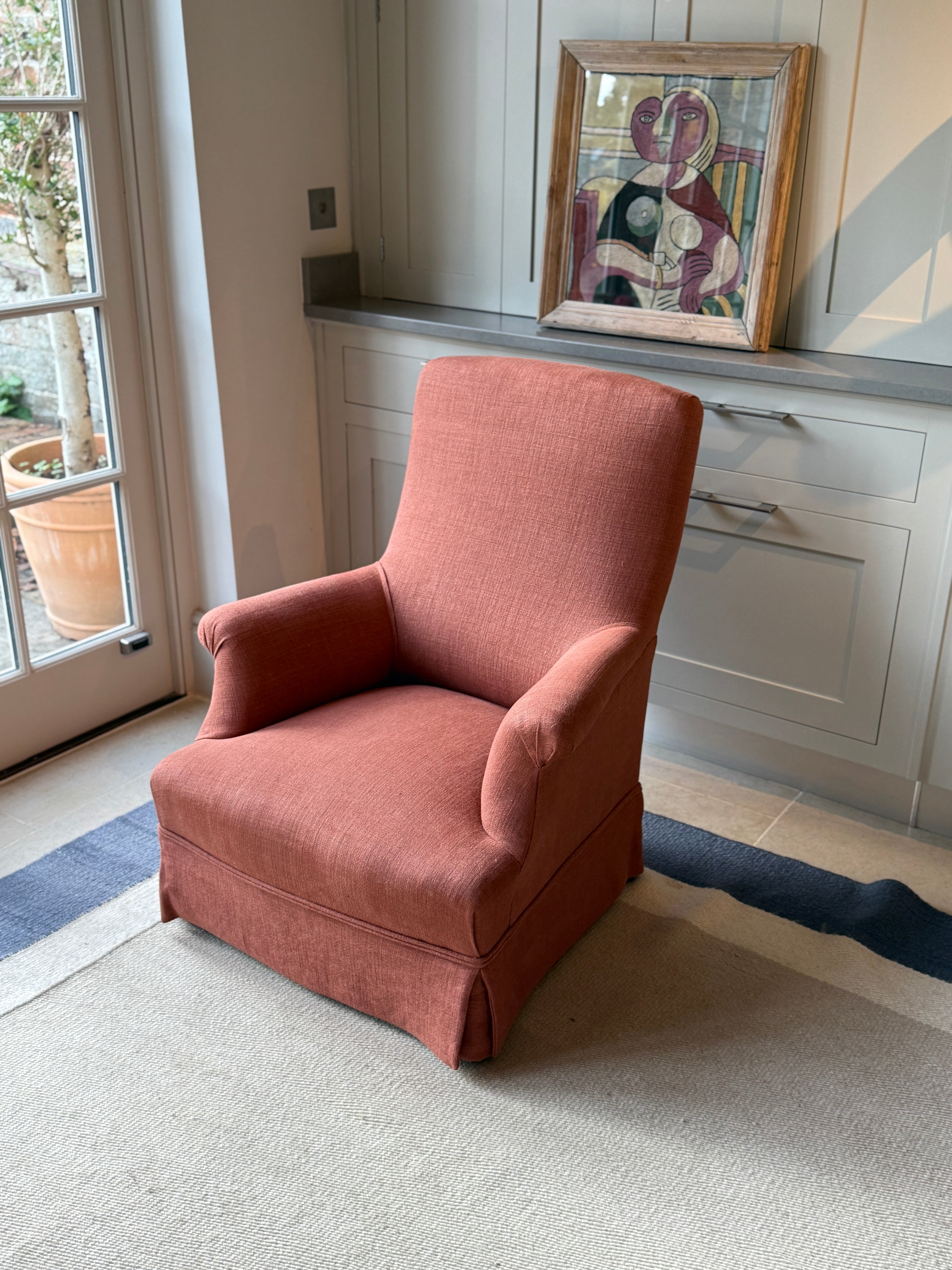 Antique French Armchair in Rusty Linen