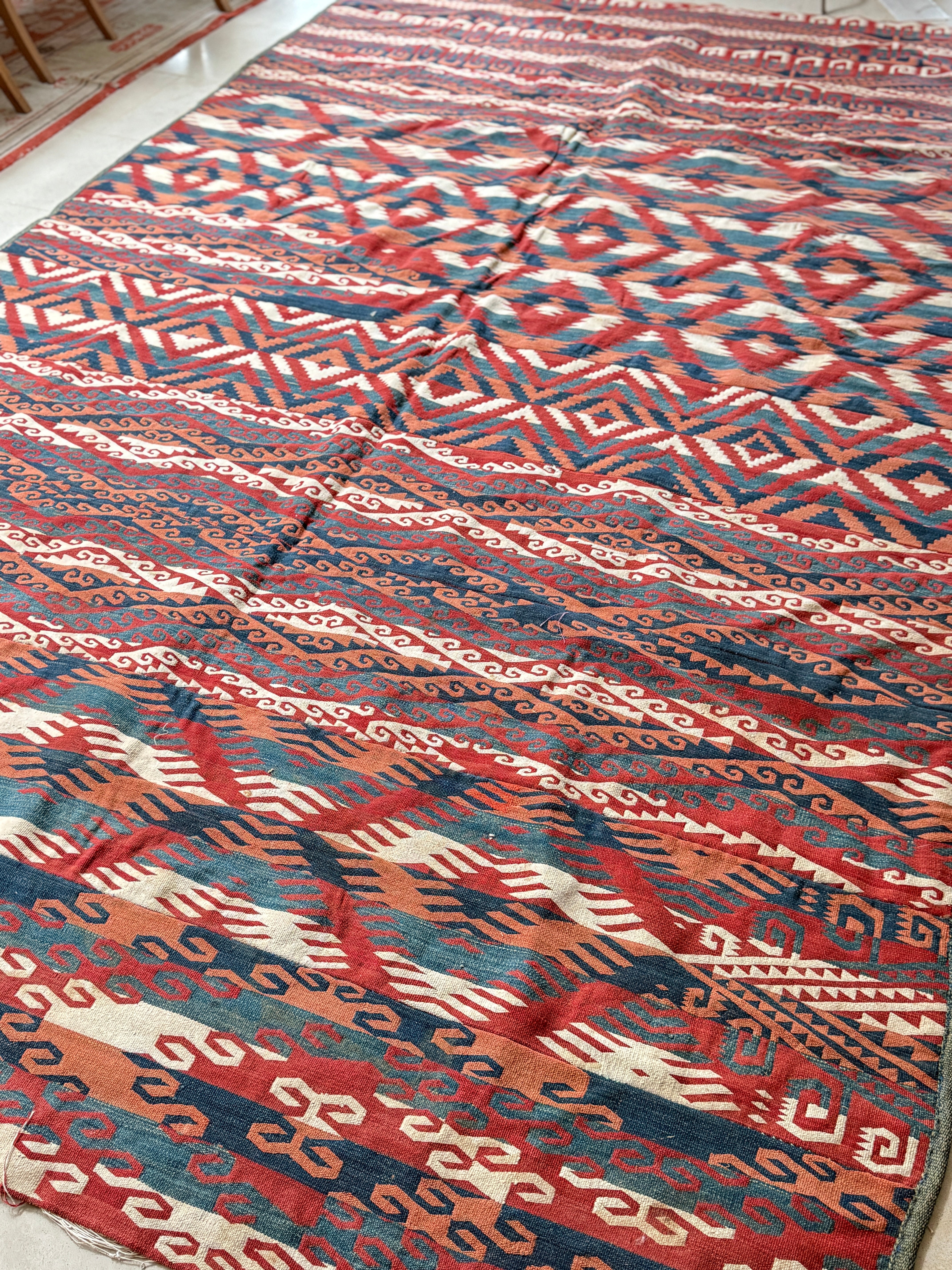 Large Polychrome Uzbek Flatweave Rug with geometric patterns
