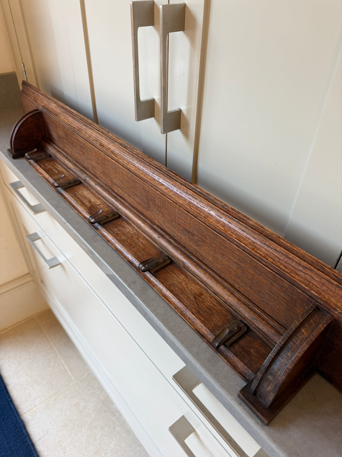 Antique Oak Coat Rack with Shelf and Brass Hooks