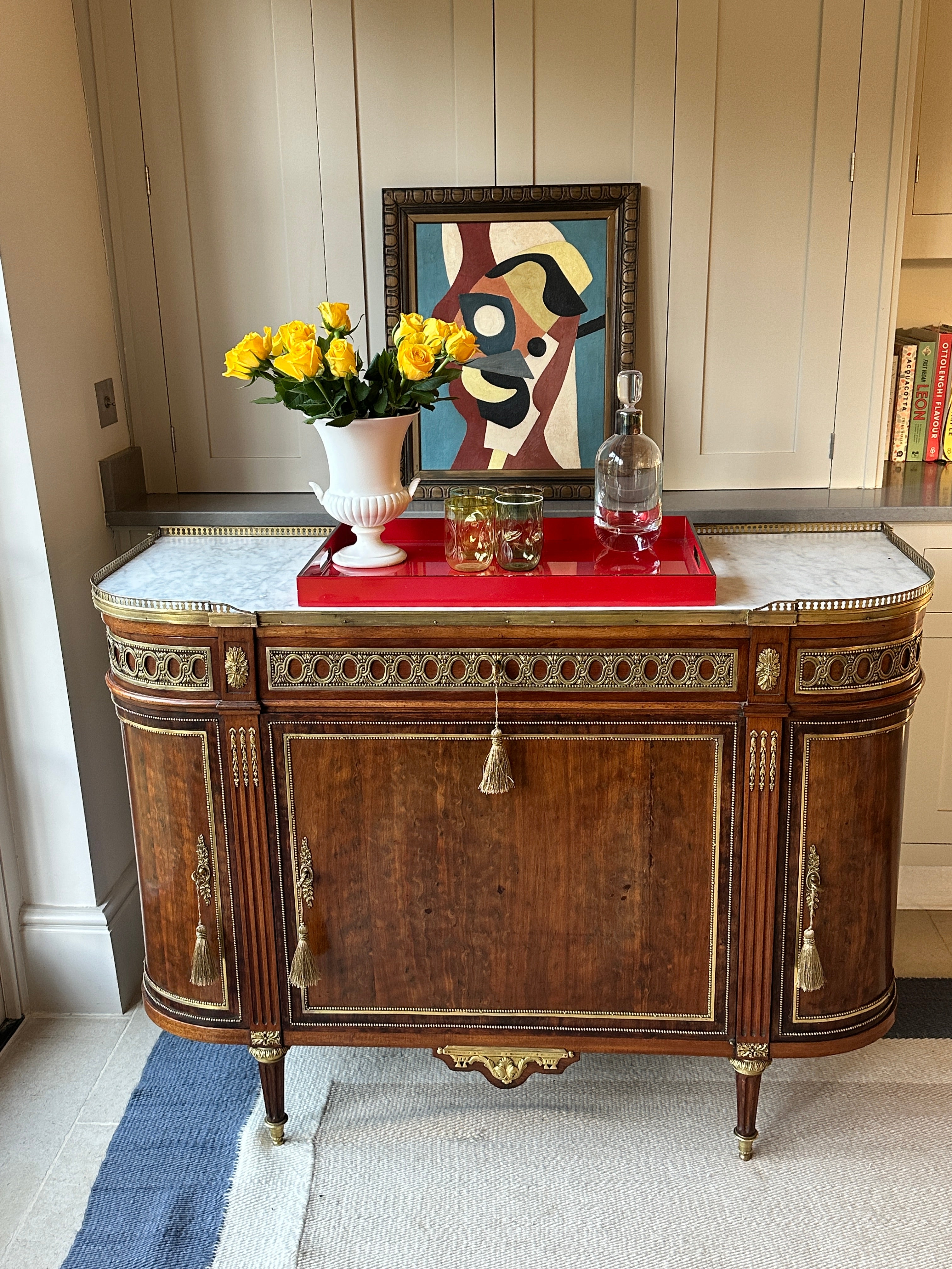 Neoclassical Louis XVI style Mahogany Server with White Marble Top and Brass Gallery