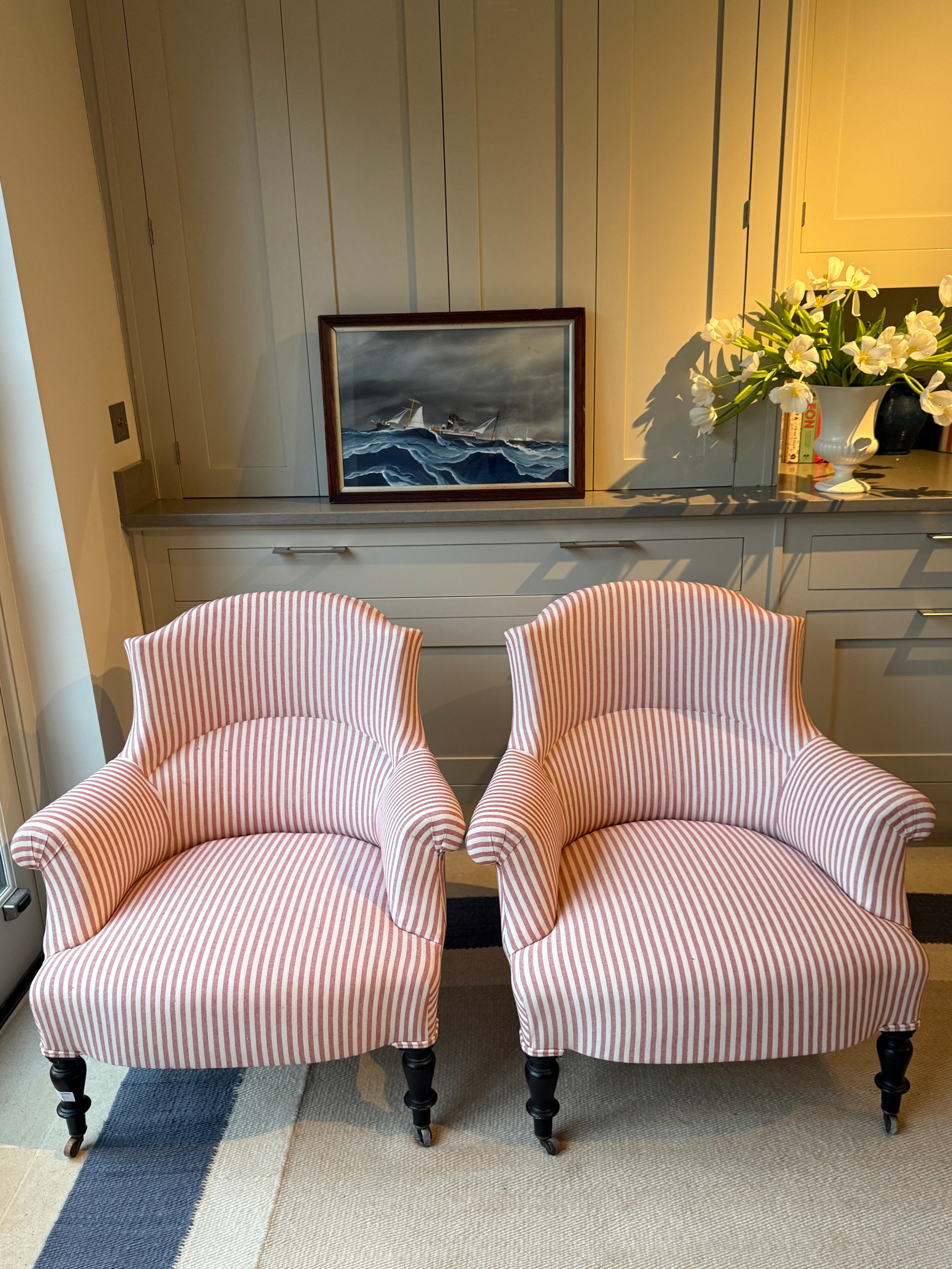 Pair Napoleon III Crapaud Chairs in Red and White Ticking