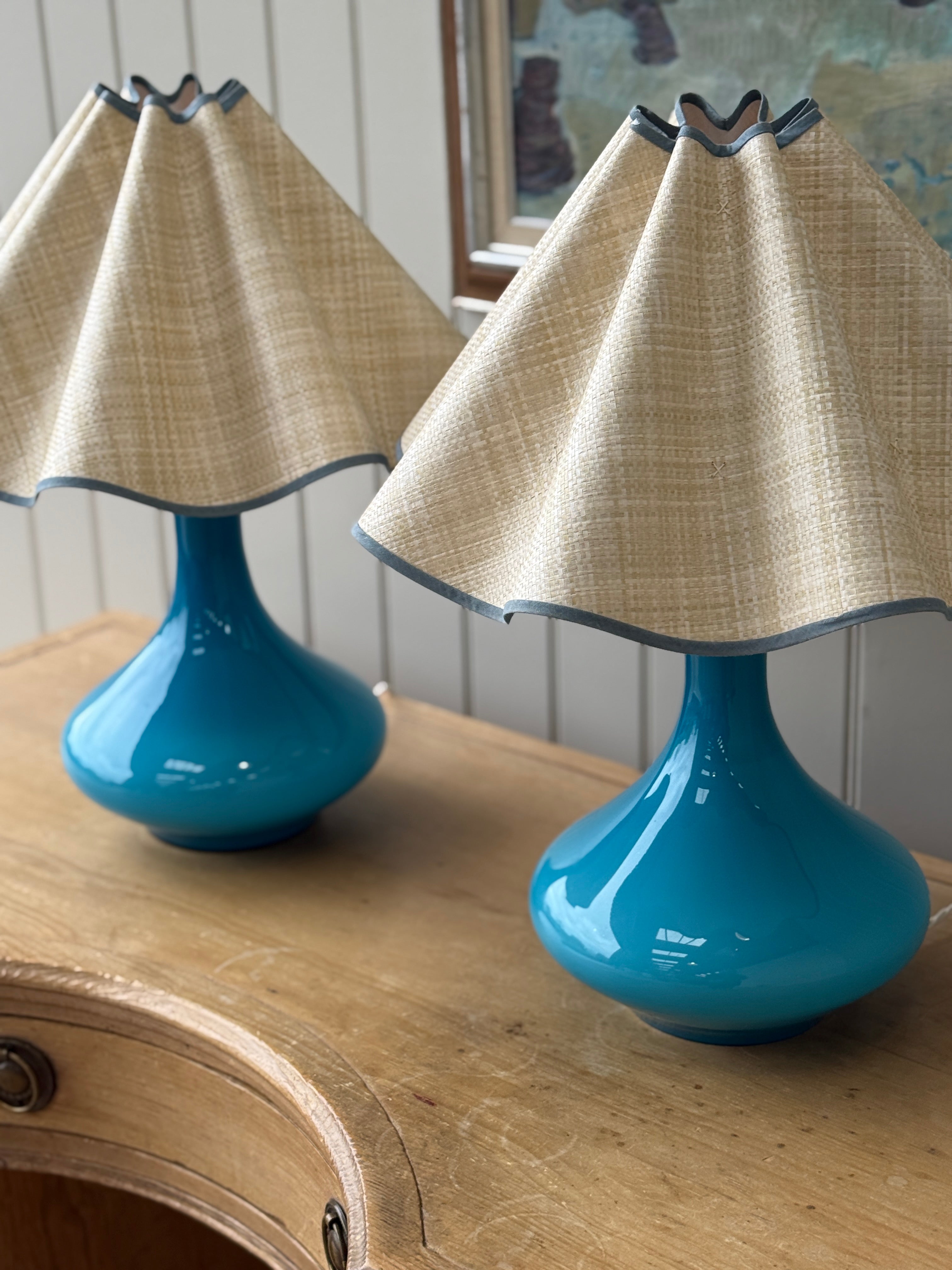Pair of Large Turquoise Holmegaard lamps by Jacob E Bang