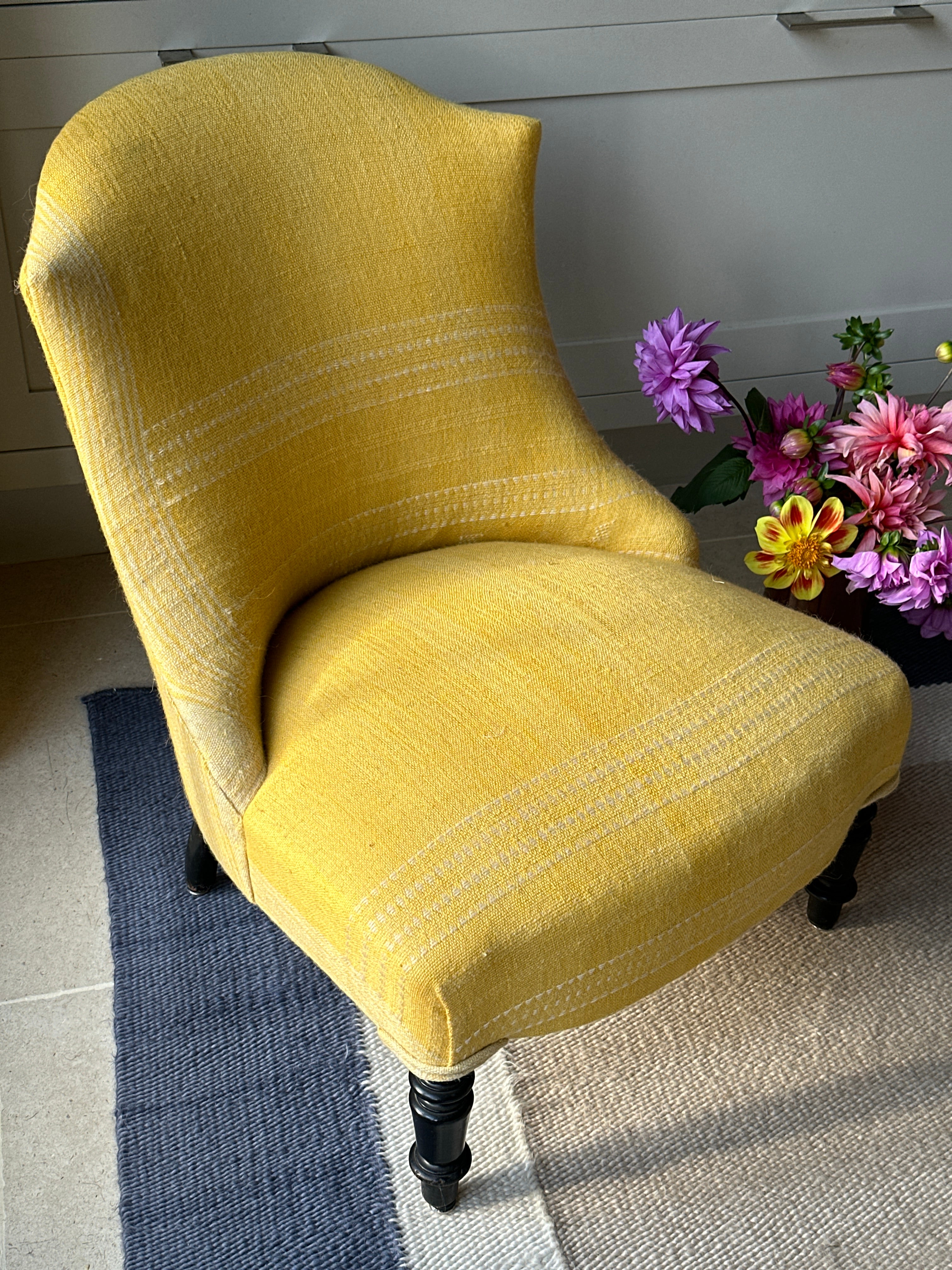 French Slipper Chair in vintage yellow Indian Camel Wool textile